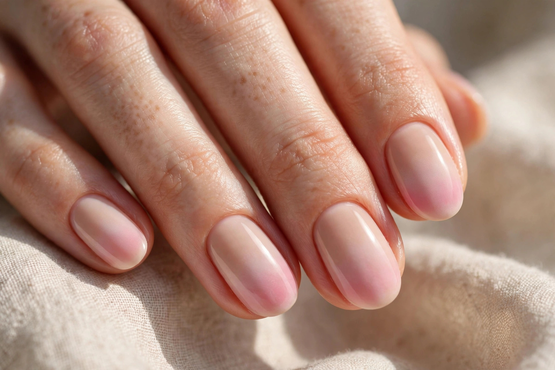 Short oval nails with nude base melting into a soft pink ombre