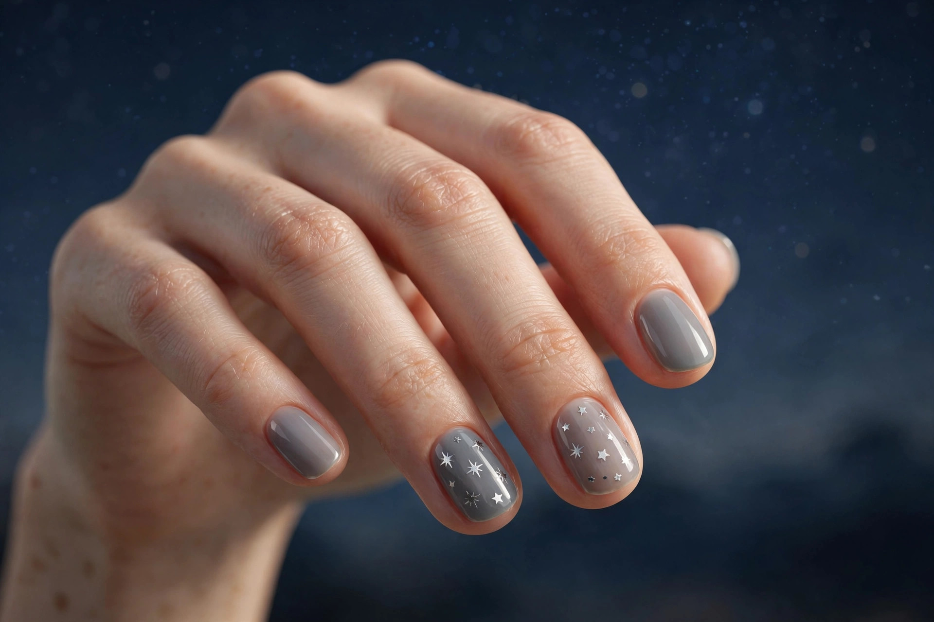 Short rounded nails with sheer grey base and tiny silver star decals