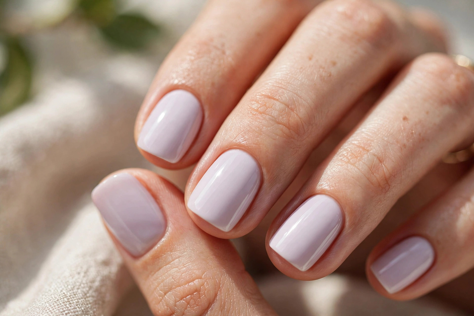 Short squoval nails in creamy milky lilac creme polish