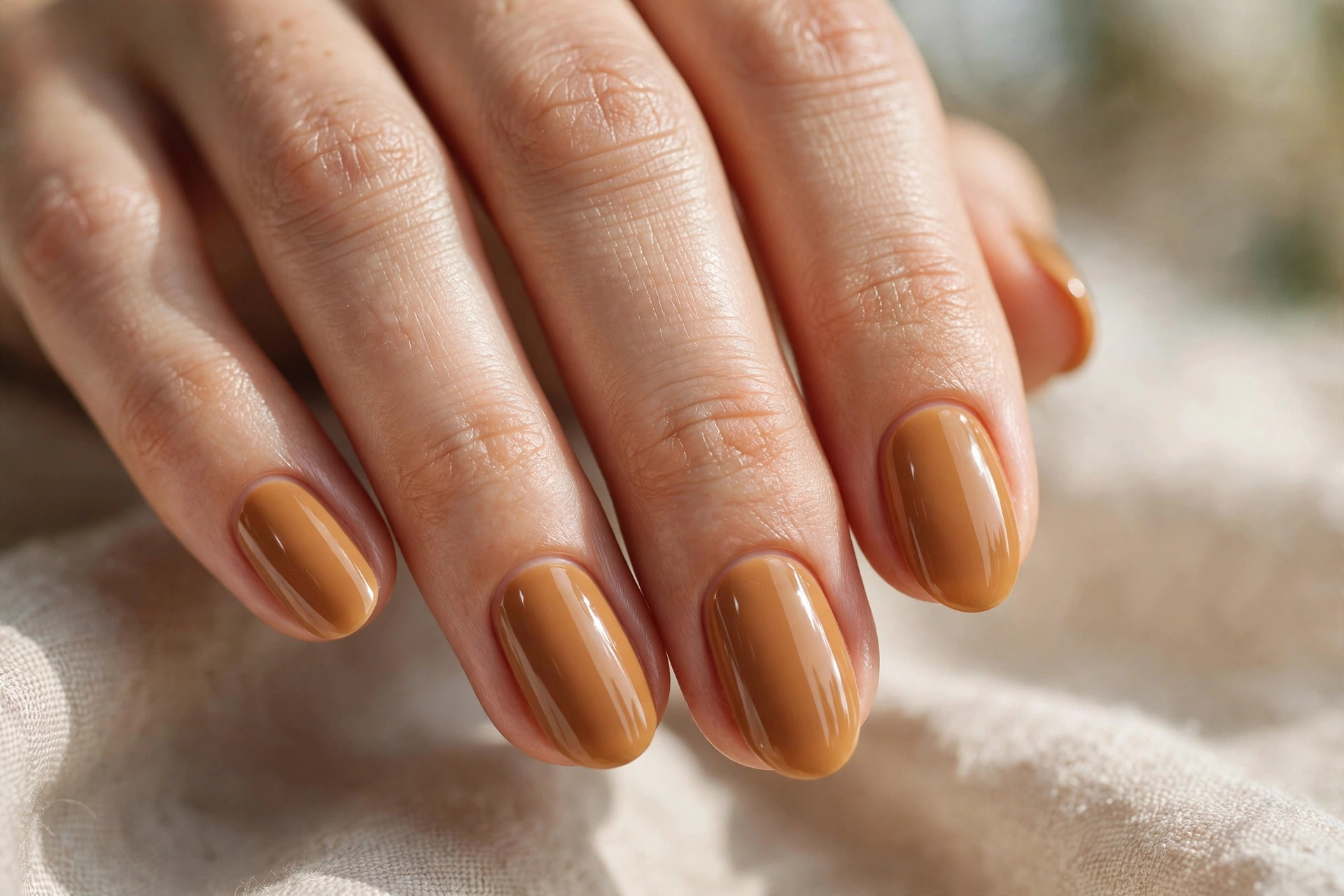 Short almond nails in warm caramel creme polish