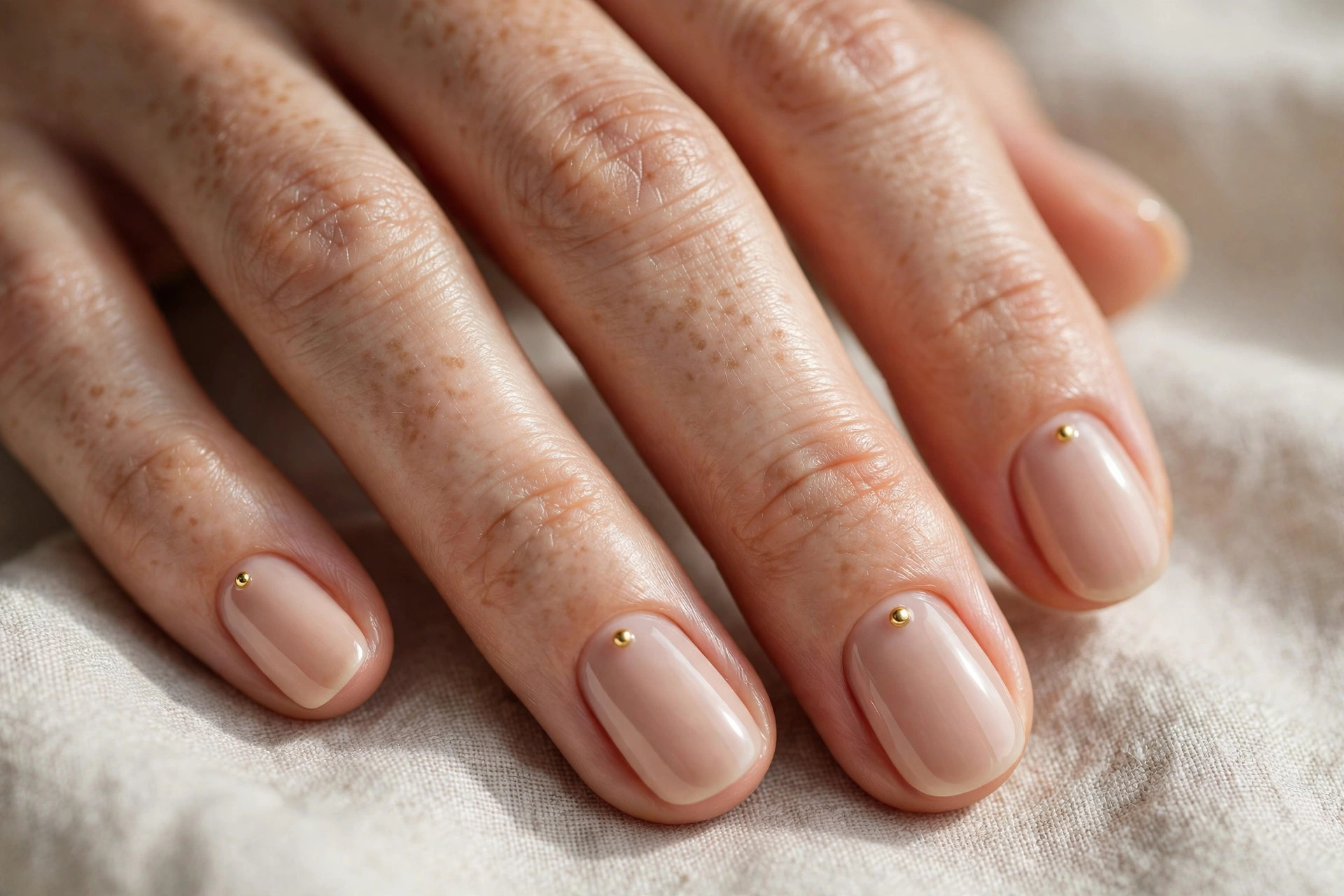 Short rounded nails with nude base and one tiny gold bead stud each