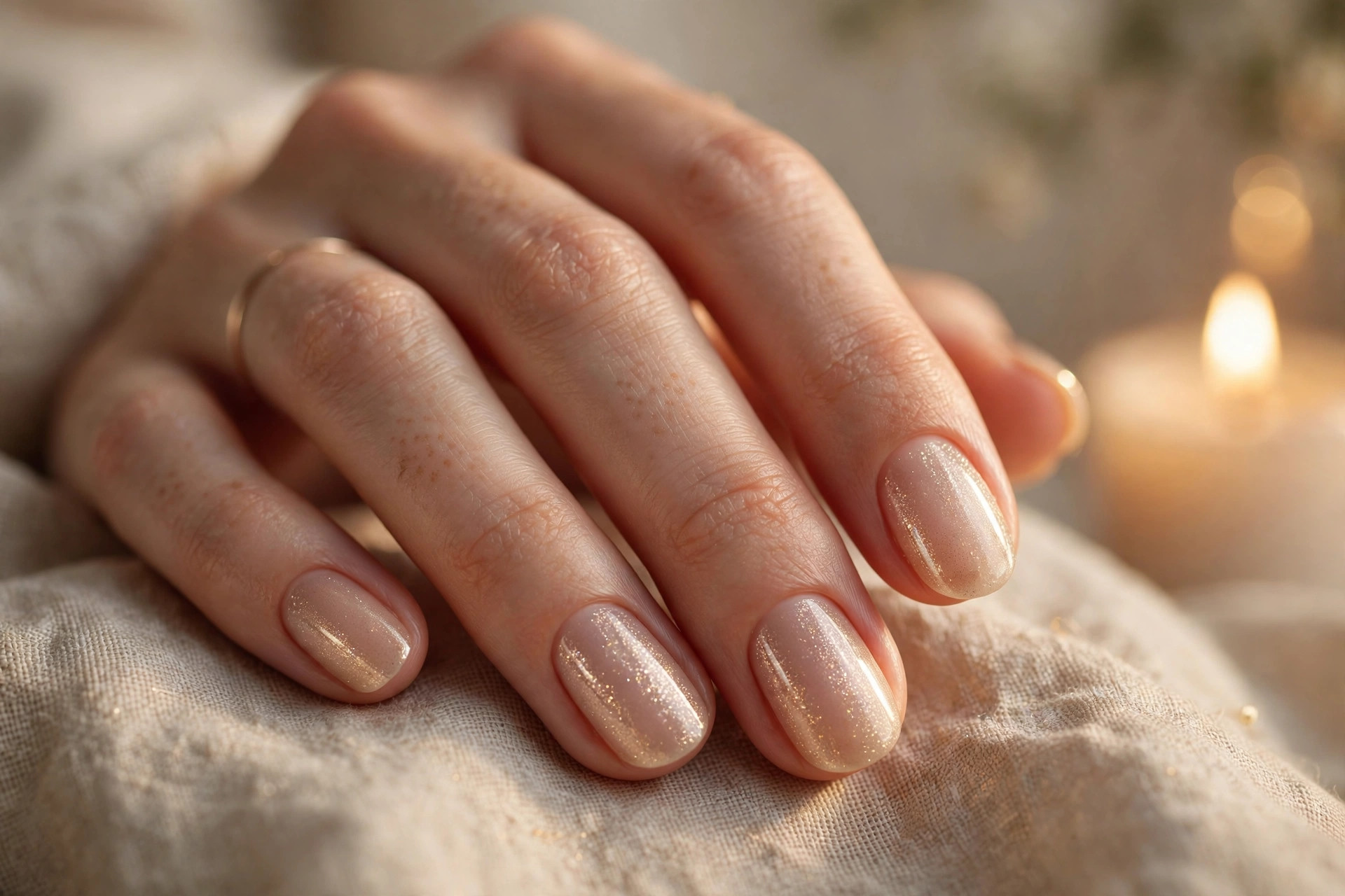 Short oval nails in sheer champagne polish with fine shimmer