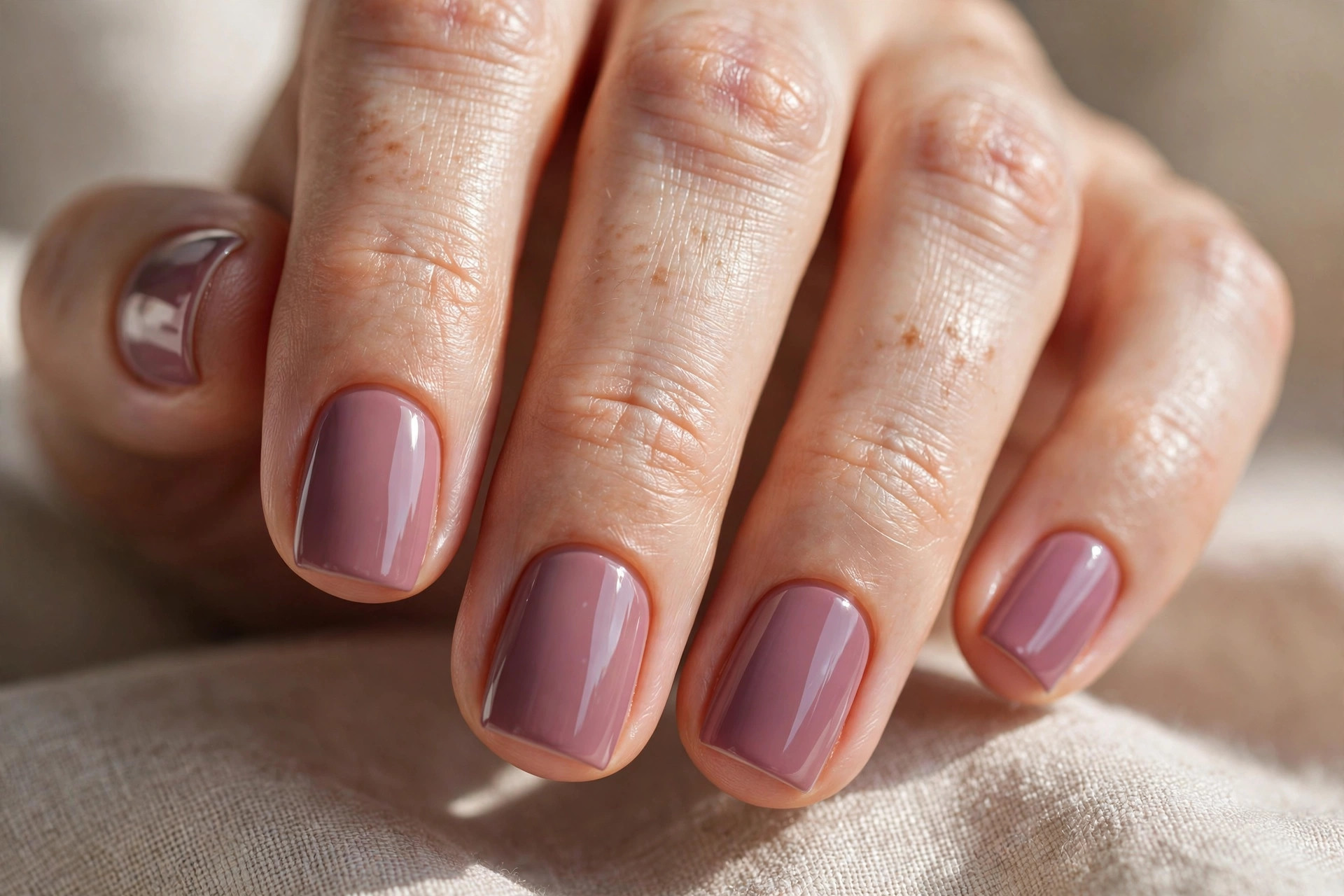 Short square nails in dusty mauve creme polish