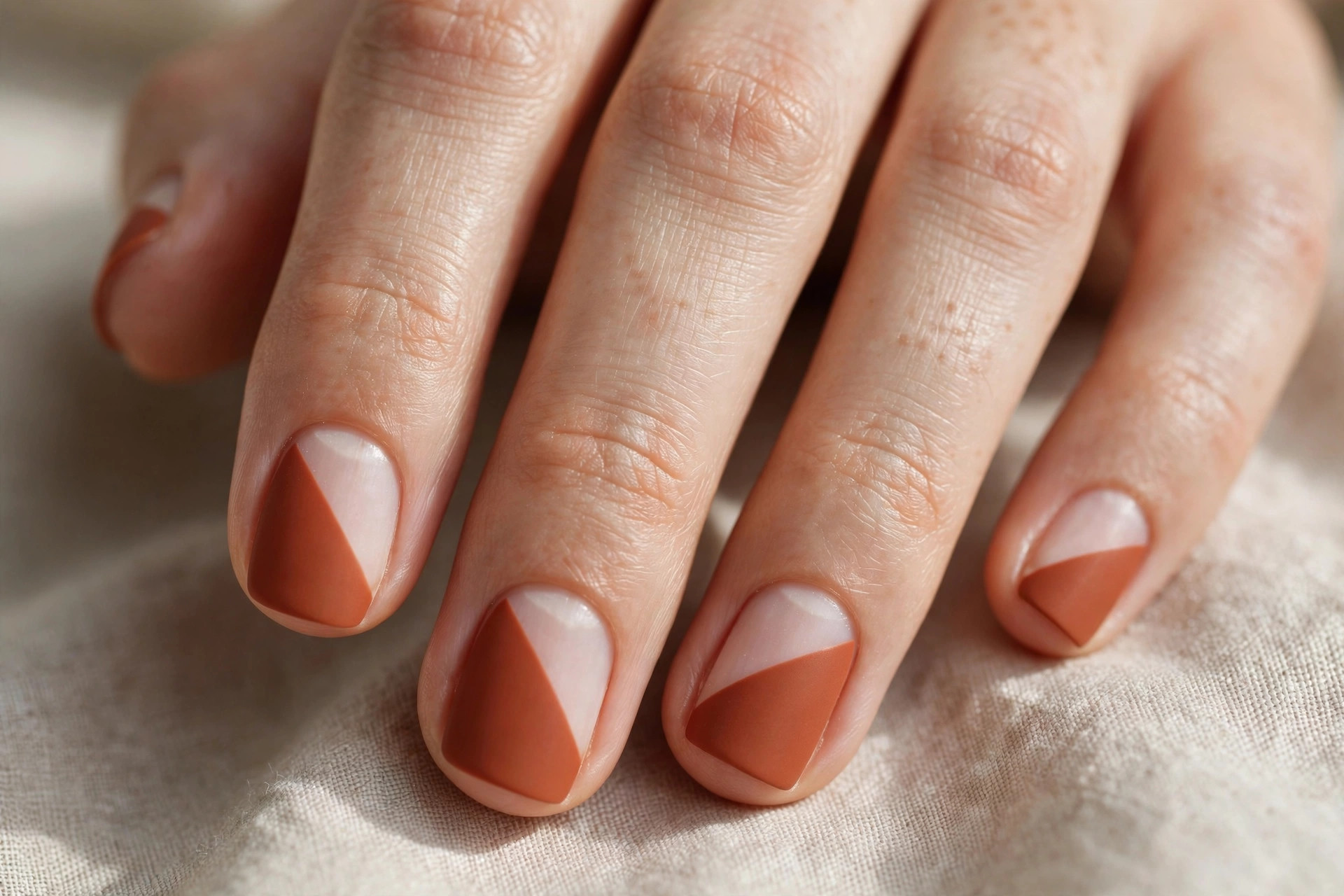 Short squoval nails in terracotta with a diagonal bare wedge near the cuticle