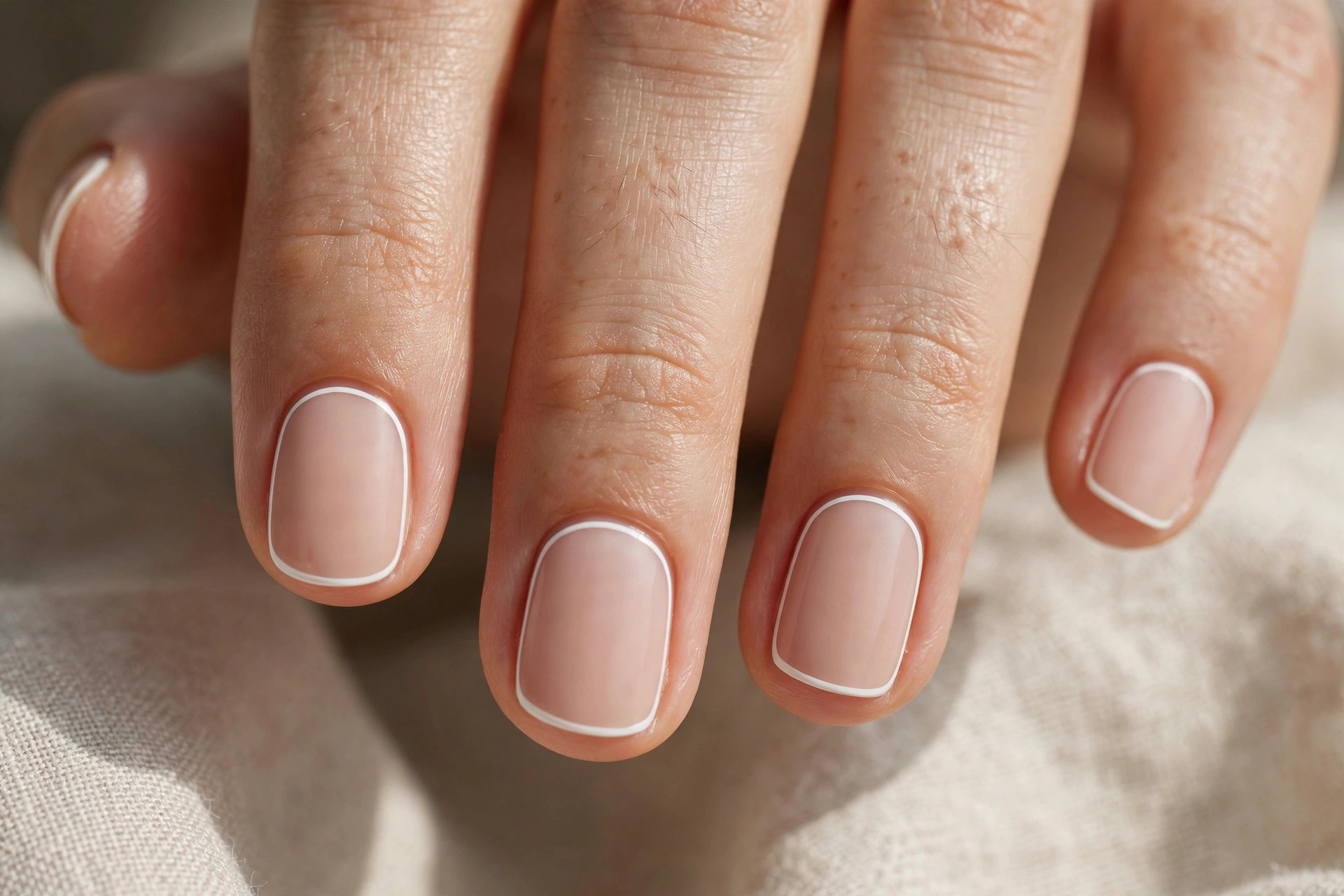 Short rounded nails with nude base and a thin white frame outline each