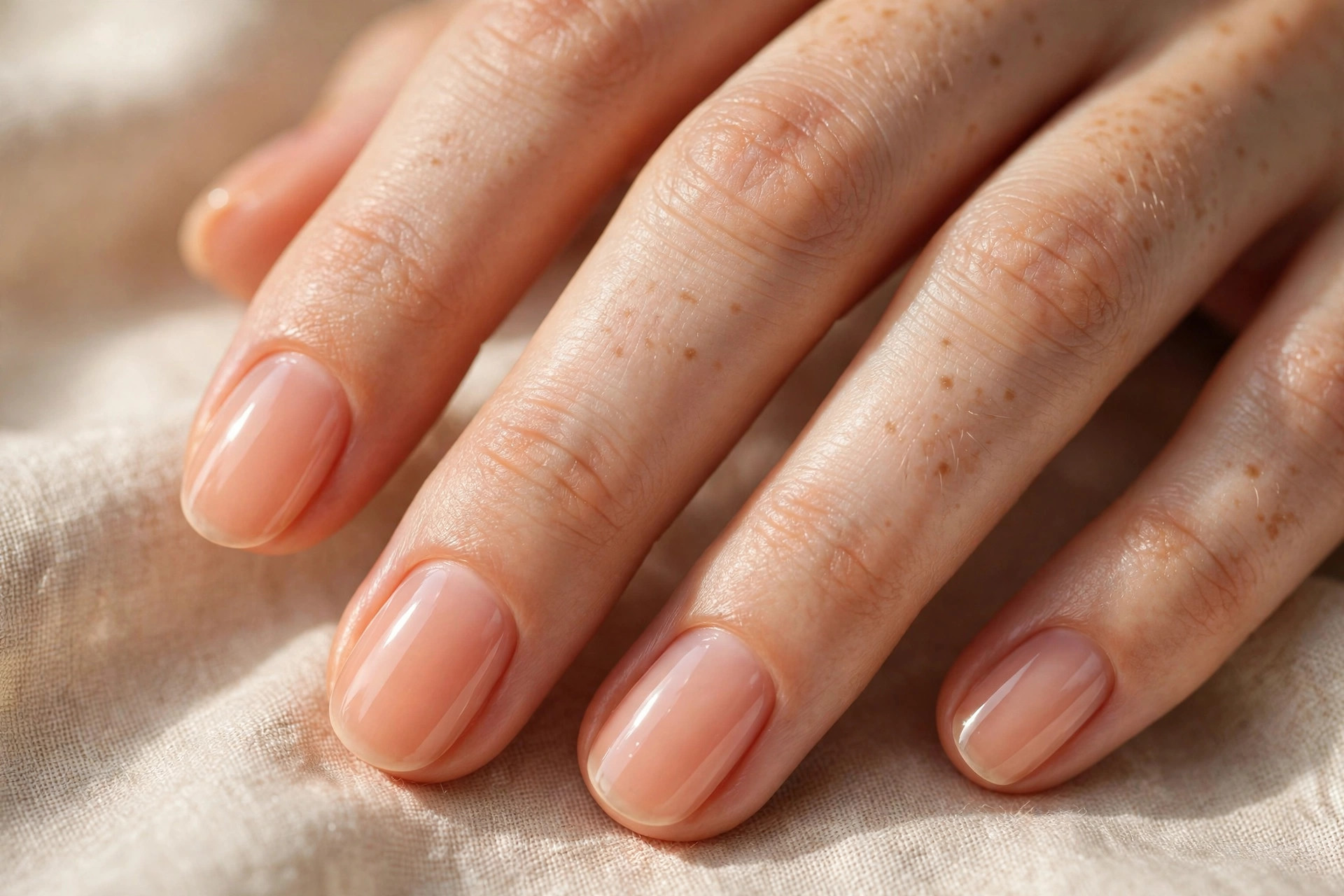 Short oval nails with one coat of sheer peach jelly polish