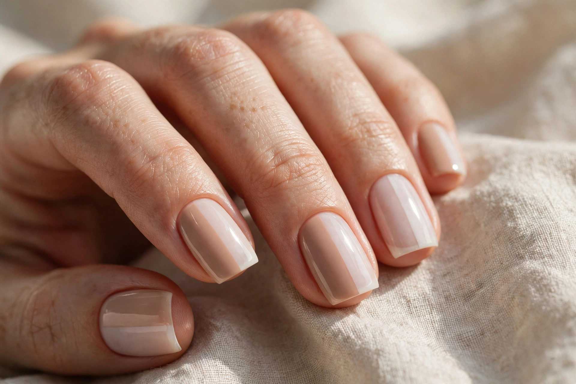 Short square nails split vertically half nude and half sheer white