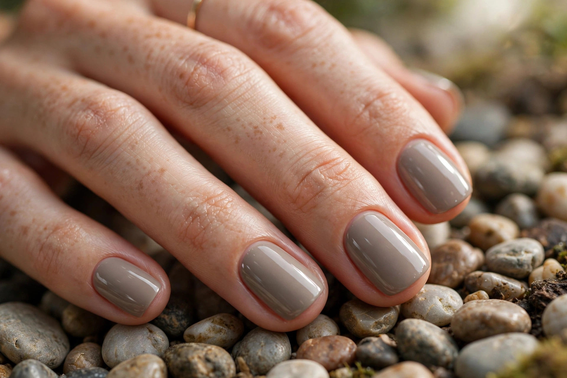 Short squoval nails in warm stone grey creme polish