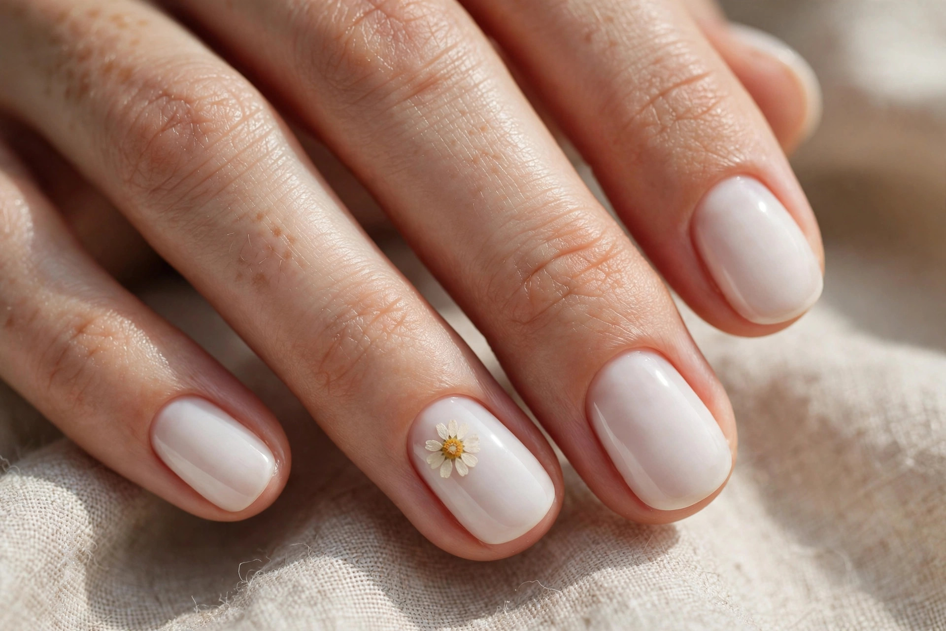 Short rounded nails with milky white base and one tiny daisy on each ring finger