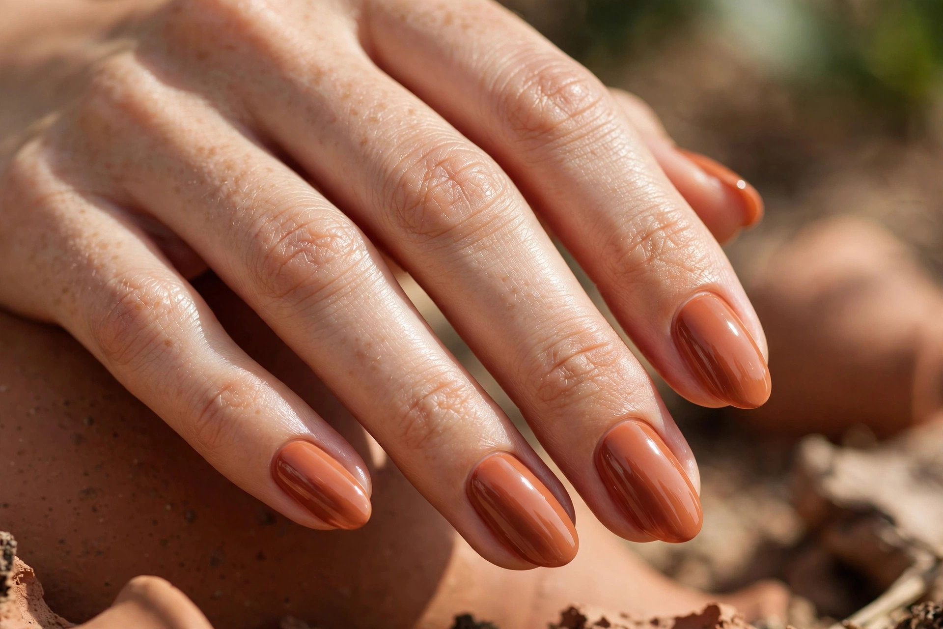 Short almond nails in sun-baked terracotta creme polish