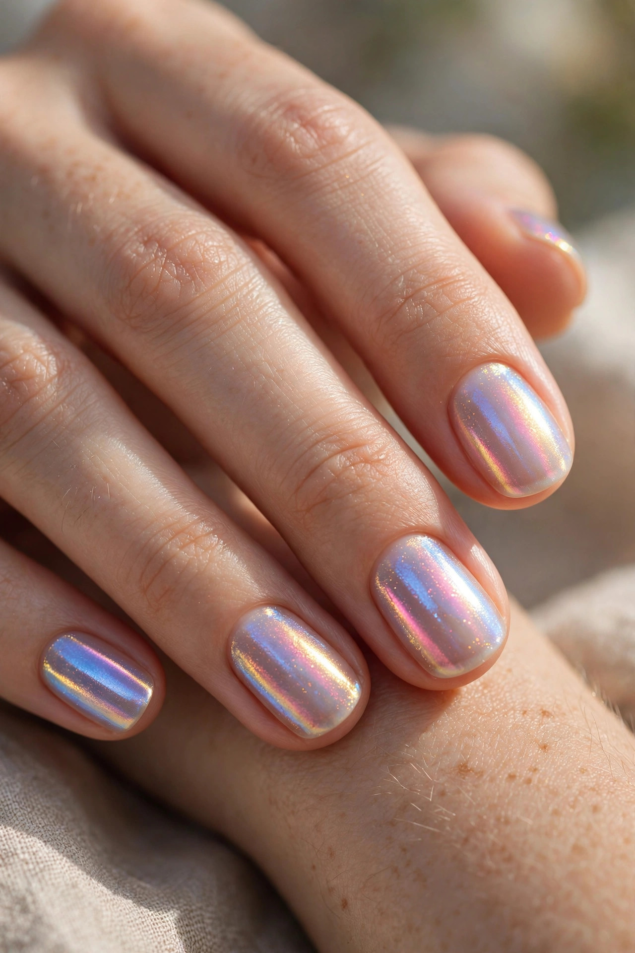 Natural short nails with an iridescent topcoat catching pink blue and gold