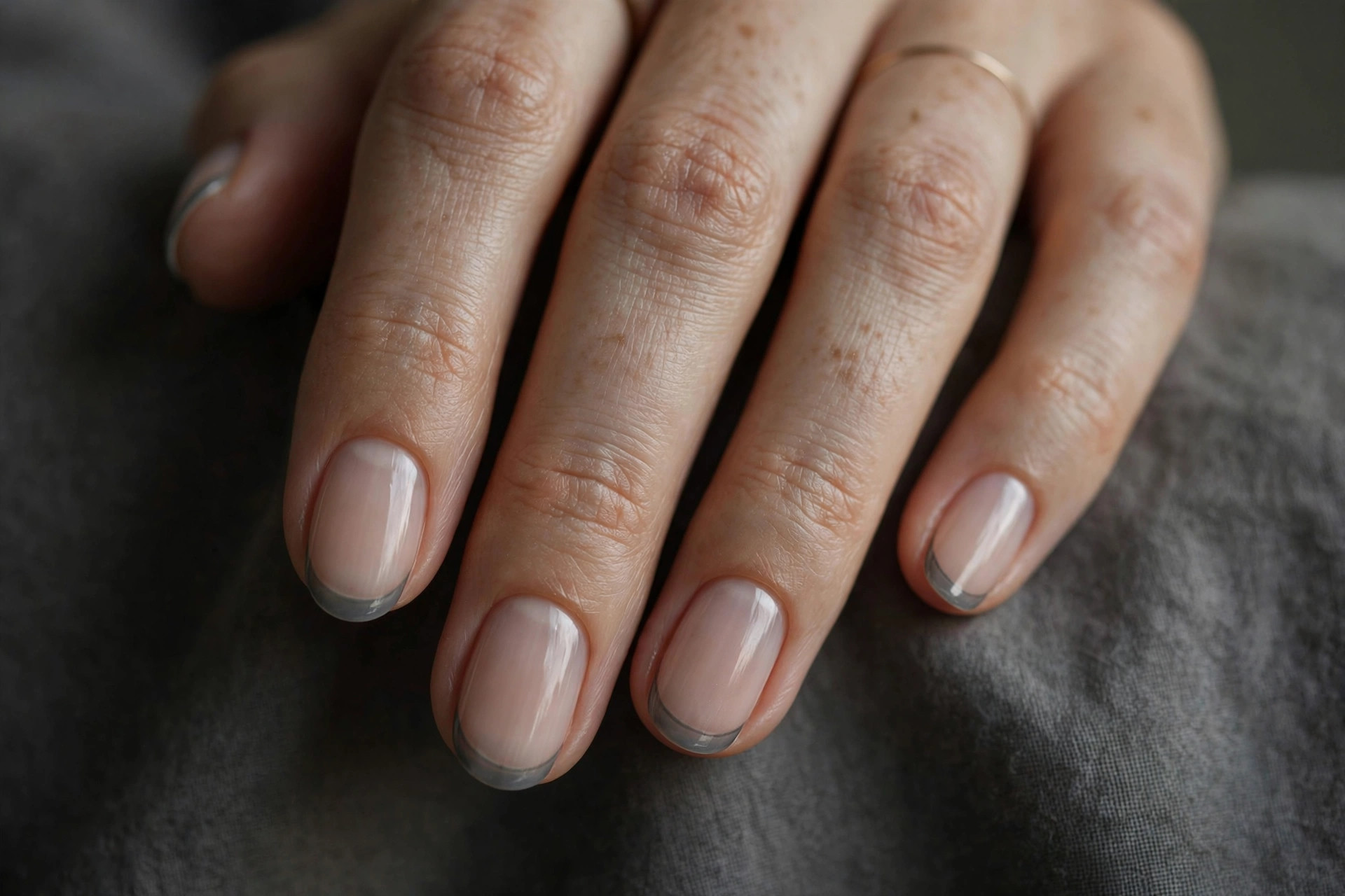 Short oval nails with sheer nude base and slim smoky grey French tips