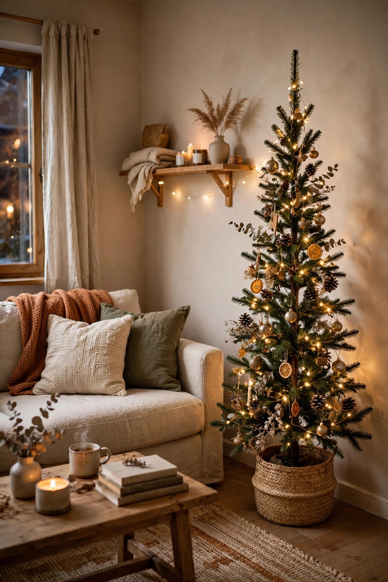 Slim pencil Christmas tree in the corner of a small living room