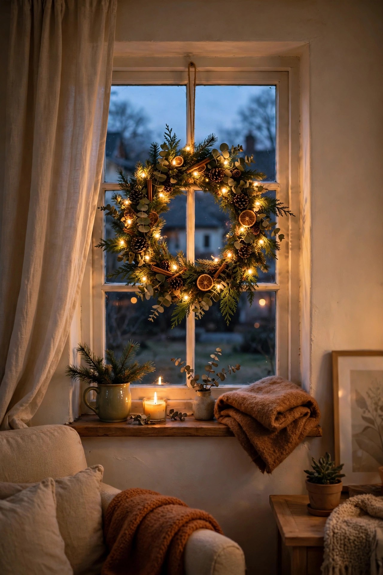Lit Christmas wreath hanging in a small living room window