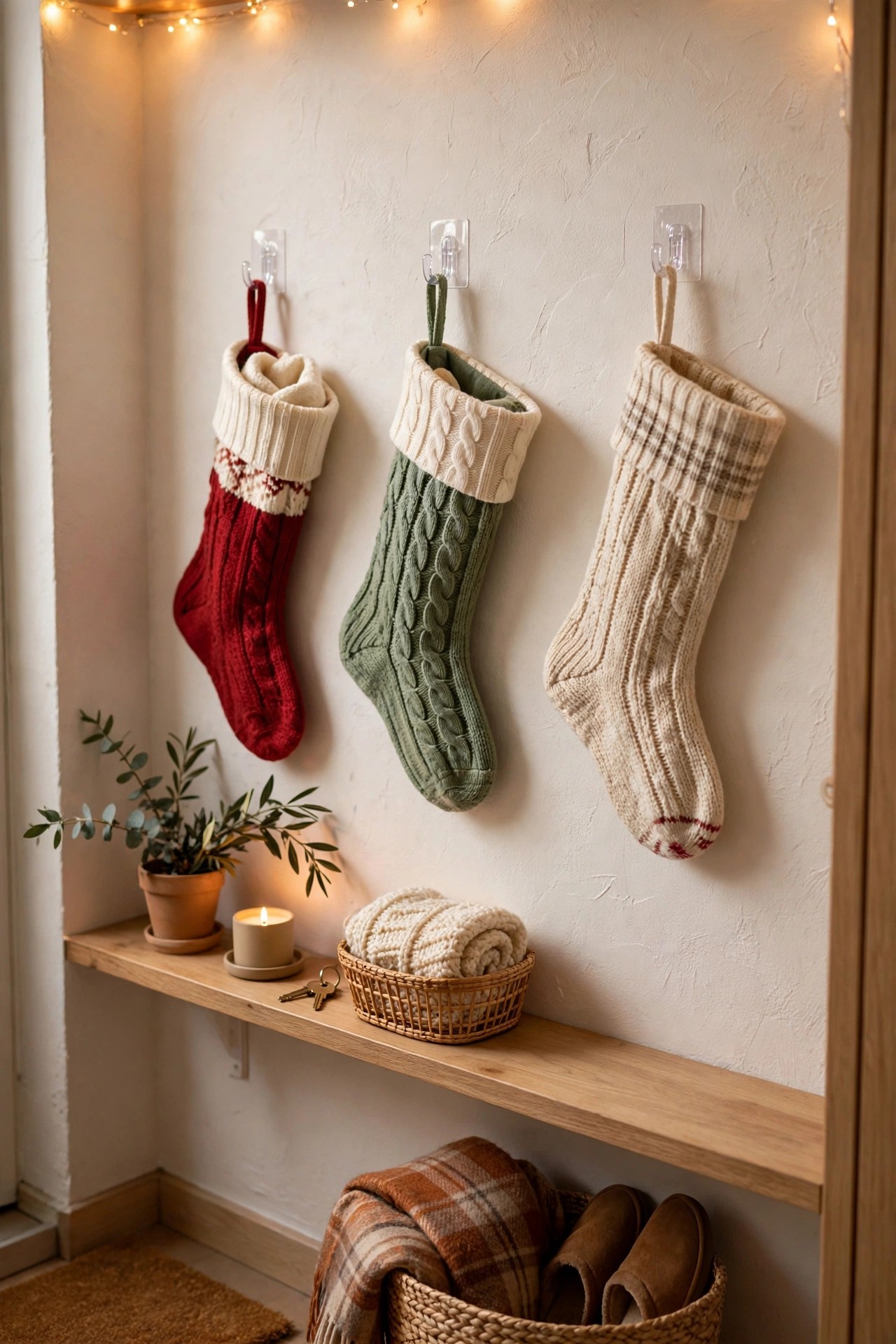 Christmas stockings hung with adhesive hooks on a wall in small apartment