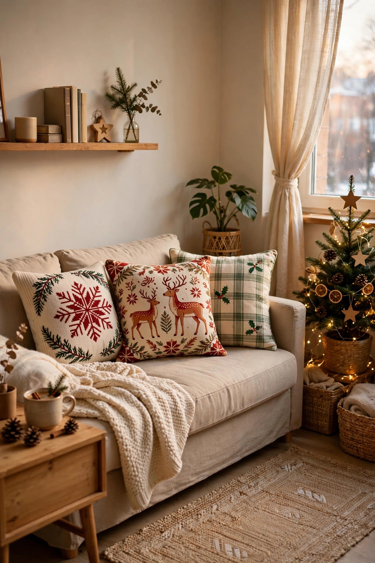 Sofa with Christmas pillow covers in a small living room