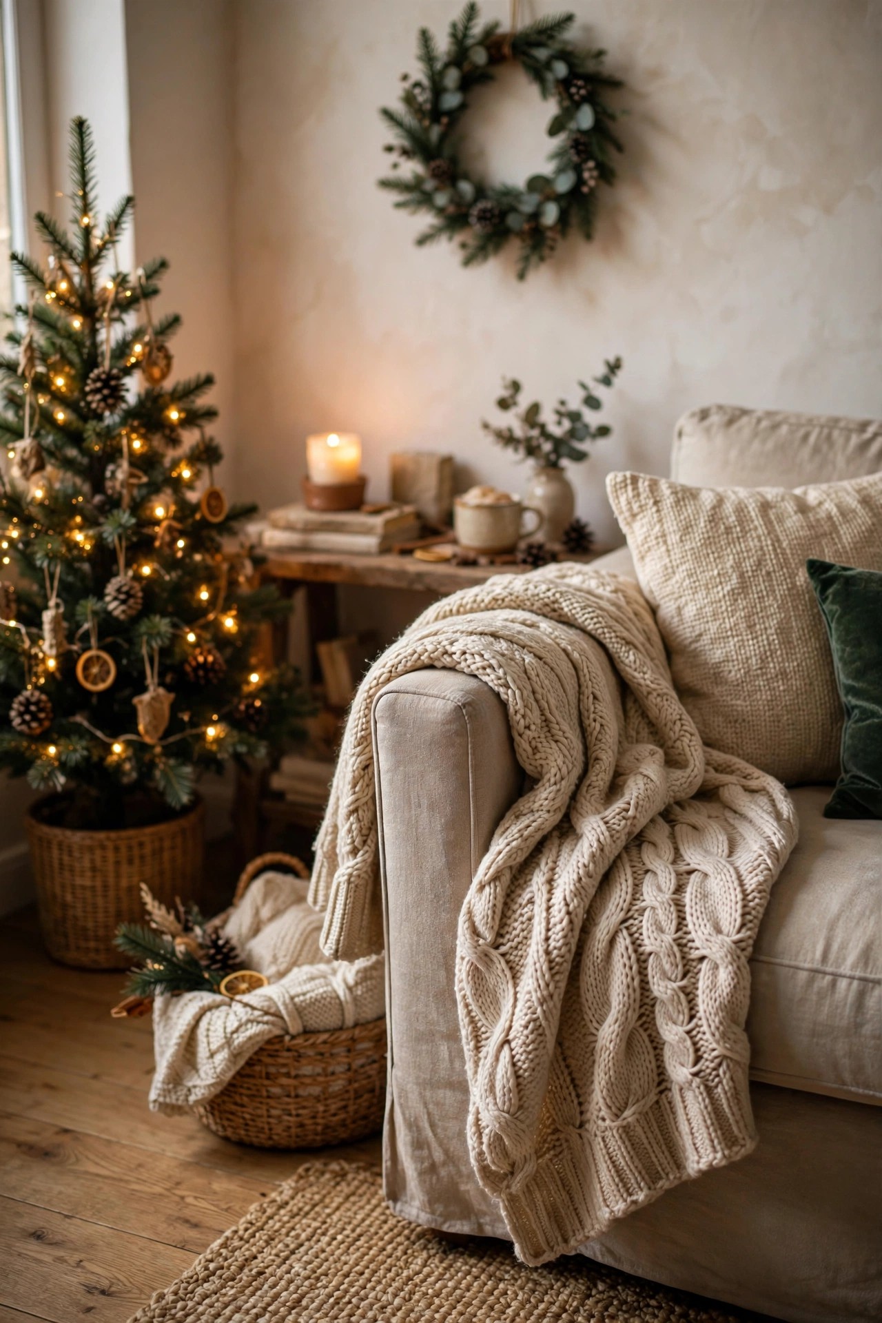 Chunky knit throw draped on sofa arm in cozy small Christmas living room