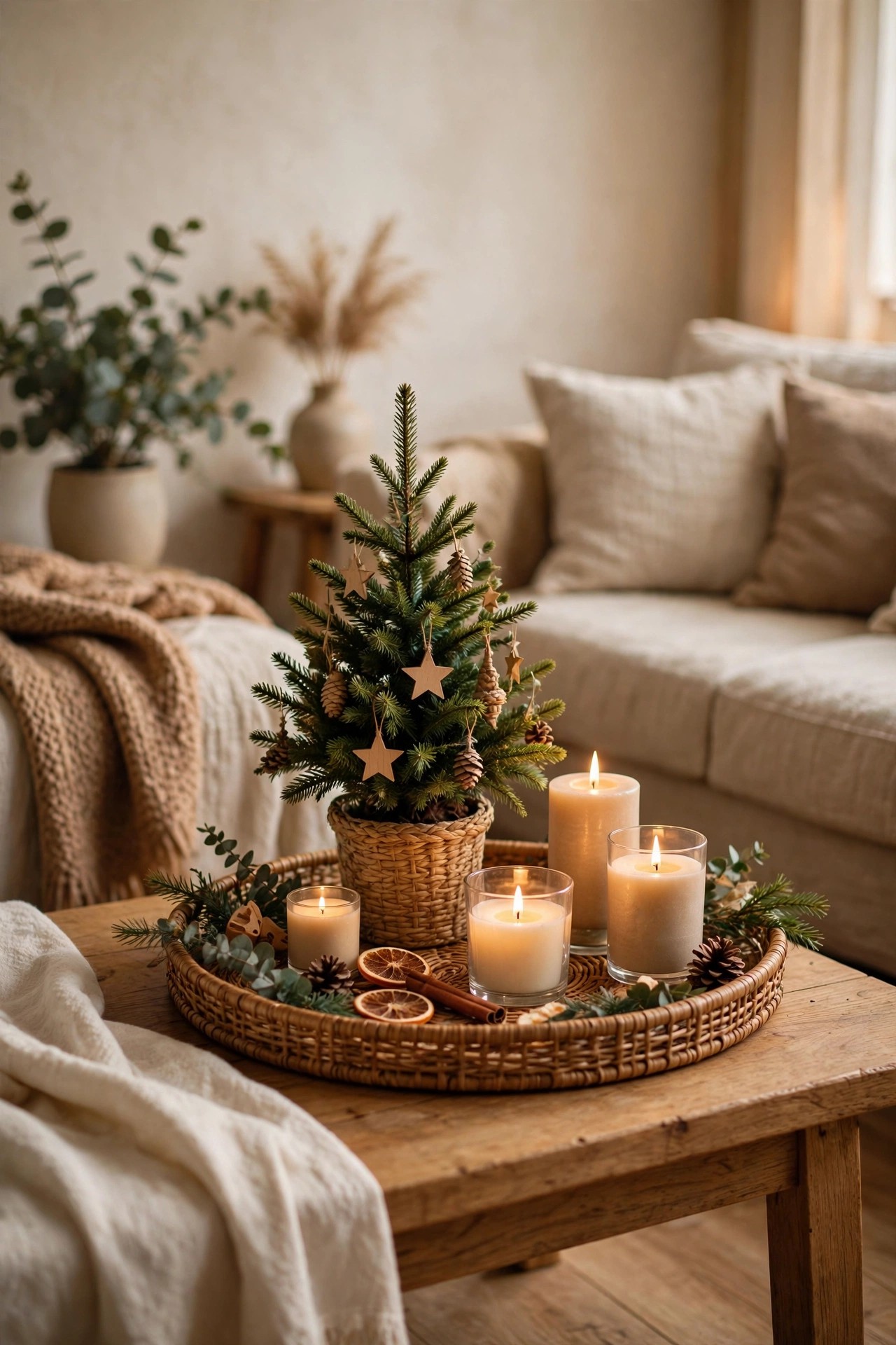 Christmas vignette corralled on a tray on small living room coffee table