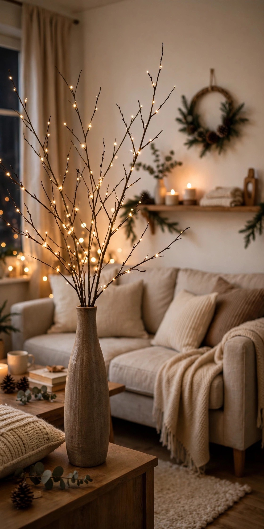 Tall vase with lighted bare branches in small living room Christmas decor