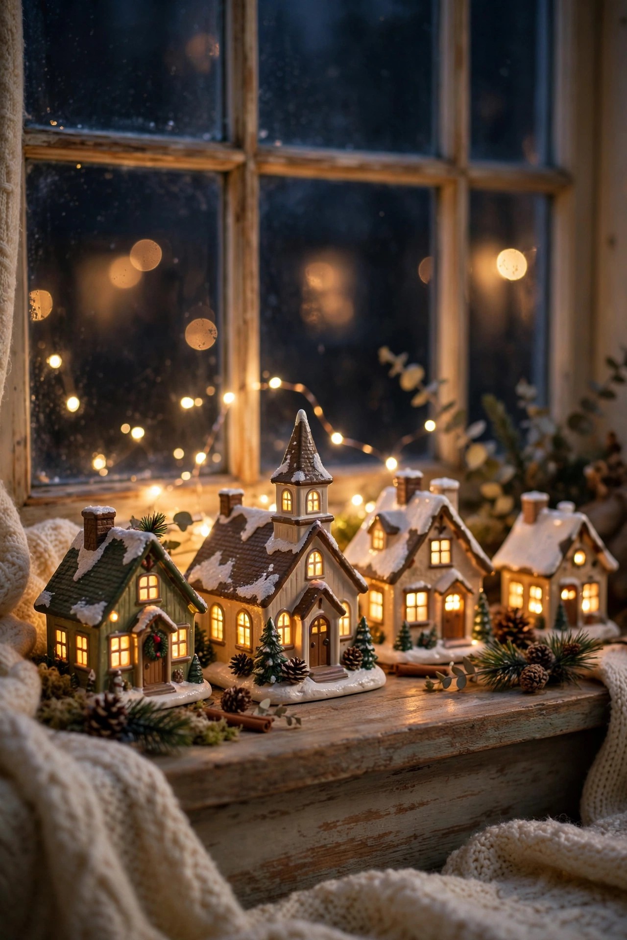 Miniature Christmas village houses on a windowsill with lights