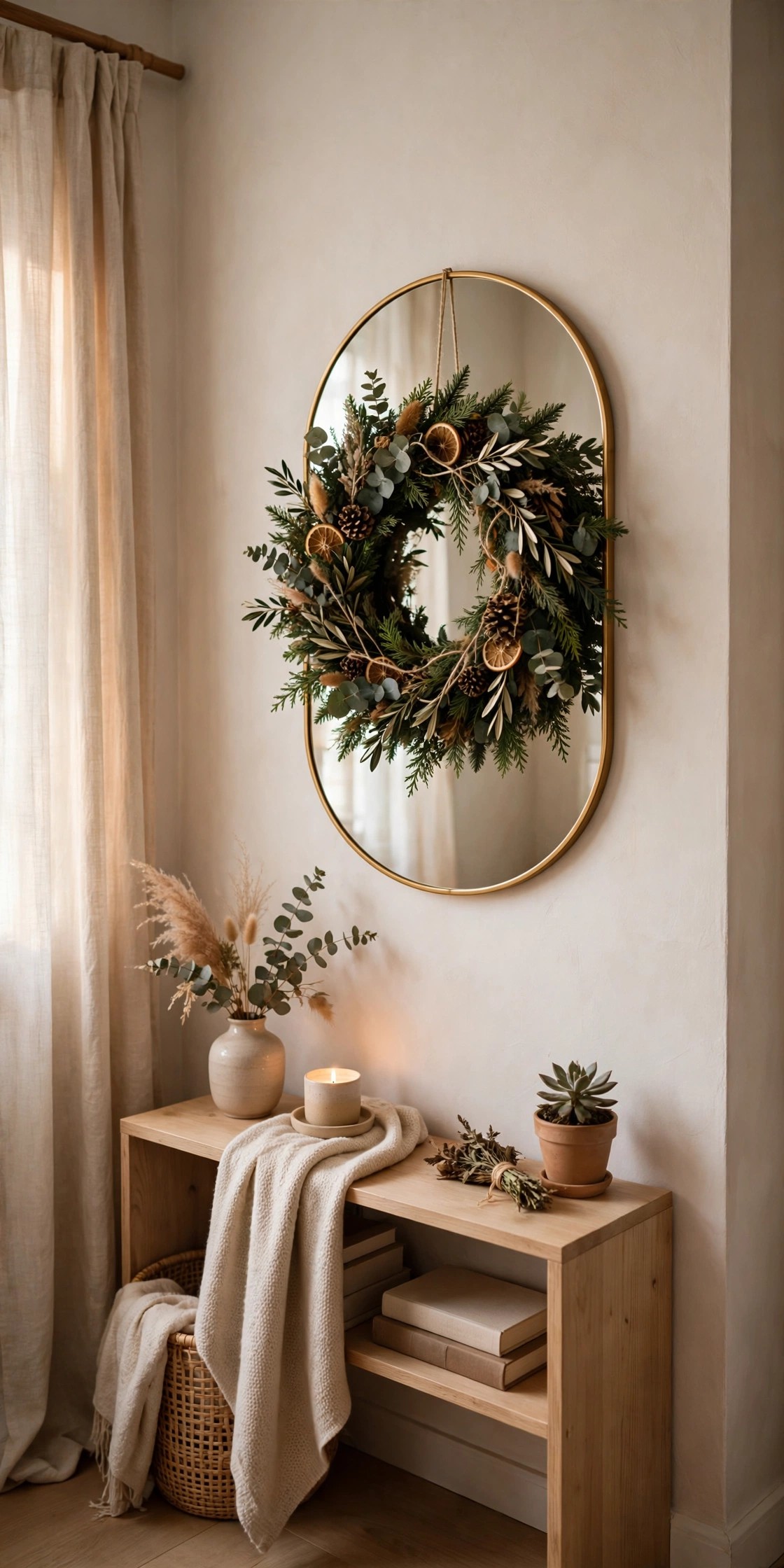 Christmas wreath hung on a living room mirror doubling the decor visually