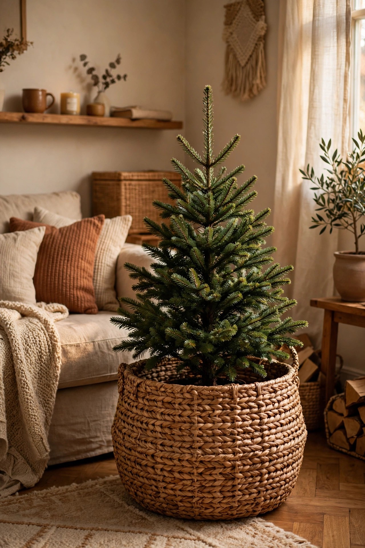 Small Christmas tree set in a woven basket instead of tree skirt