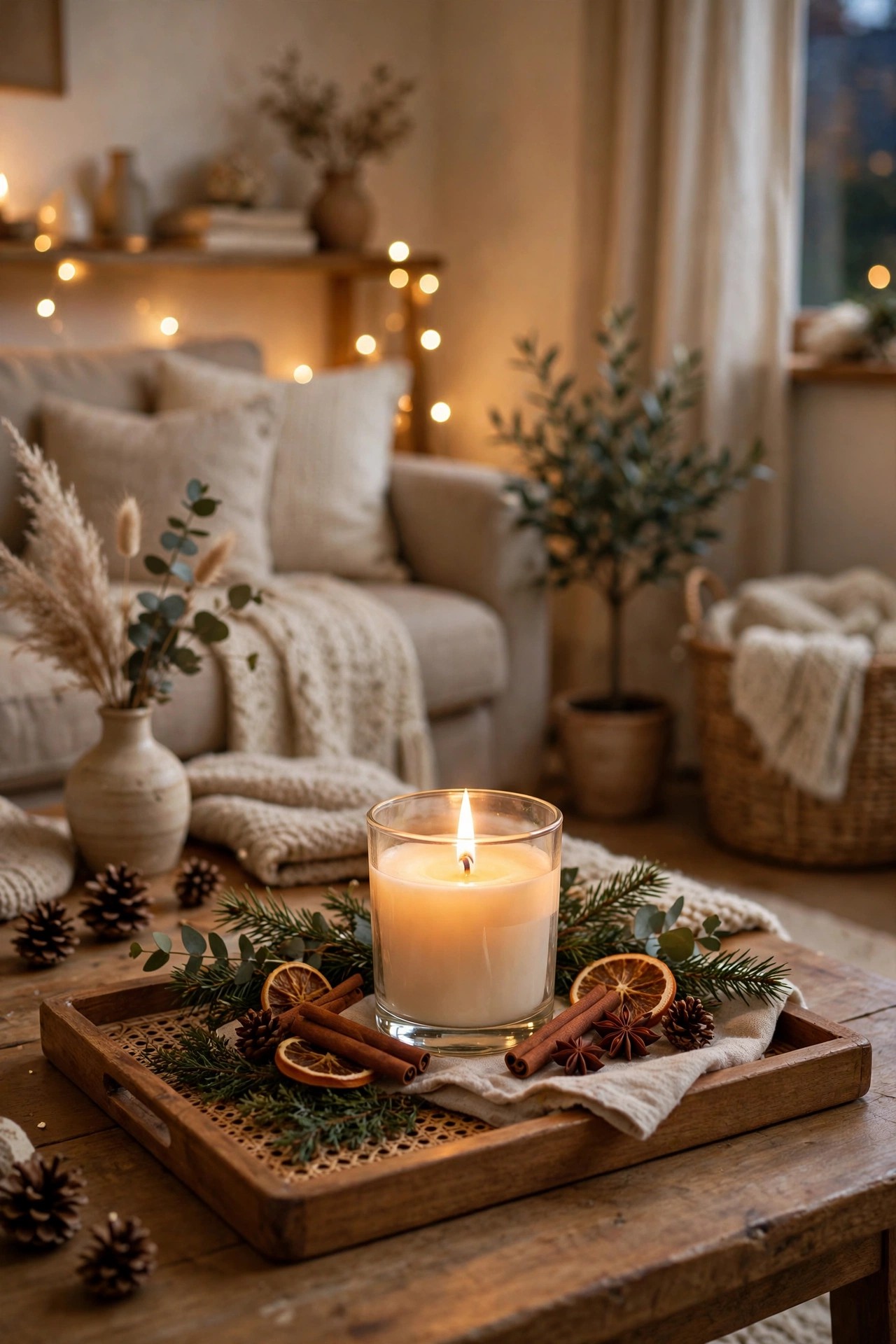 Christmas scented candle glowing in small living room no visual clutter