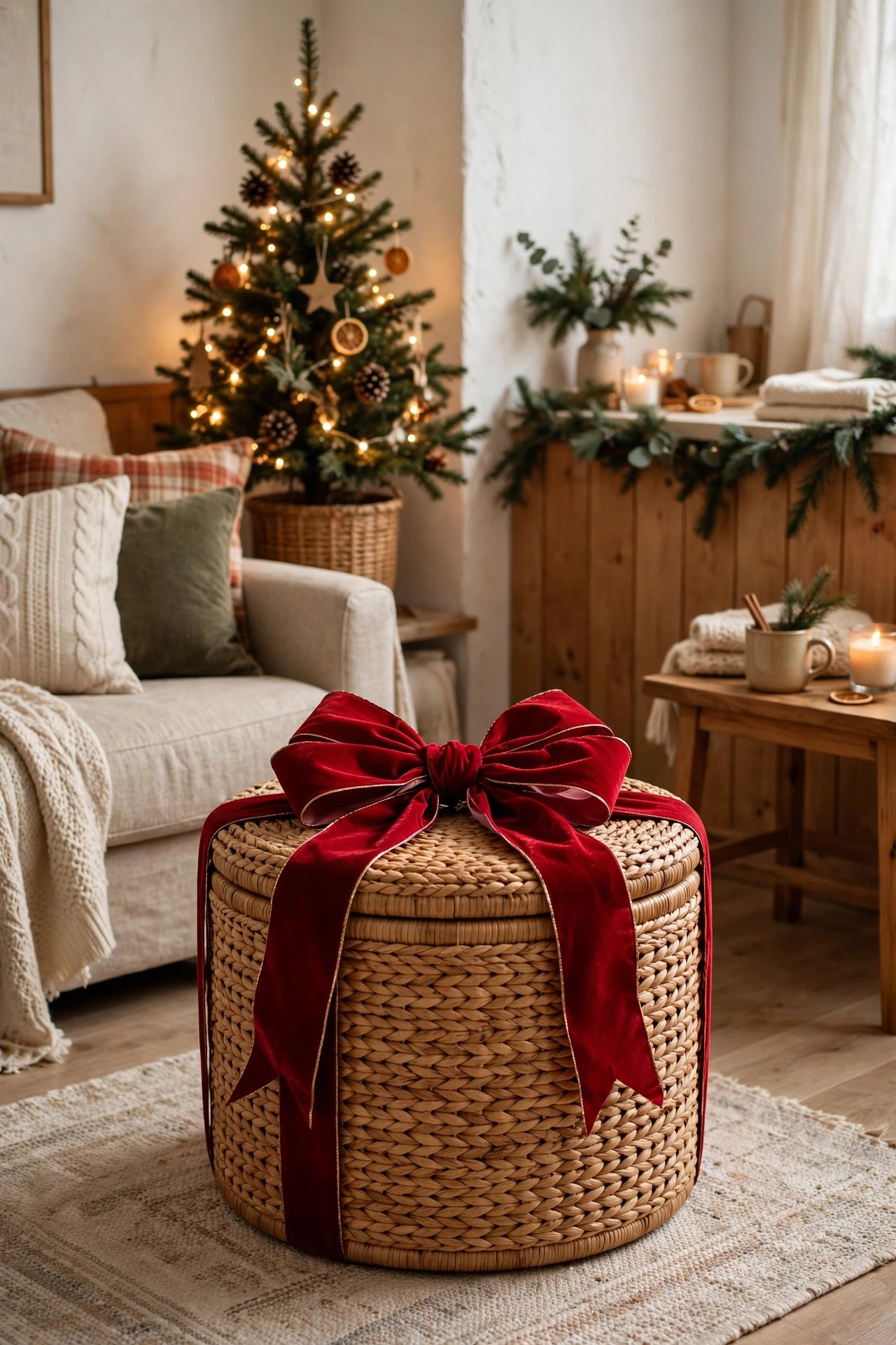 Storage ottoman with big bow holding Christmas clutter in small living room