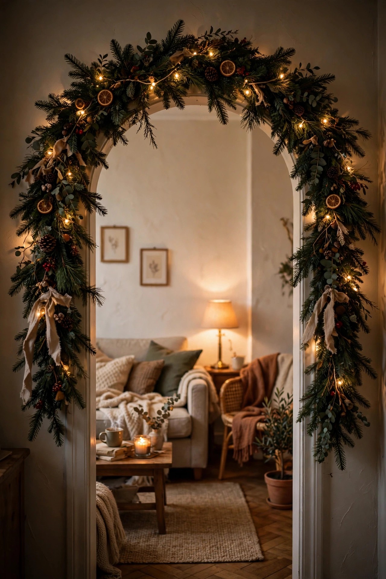 Doorway framed with Christmas garland arch in small living room