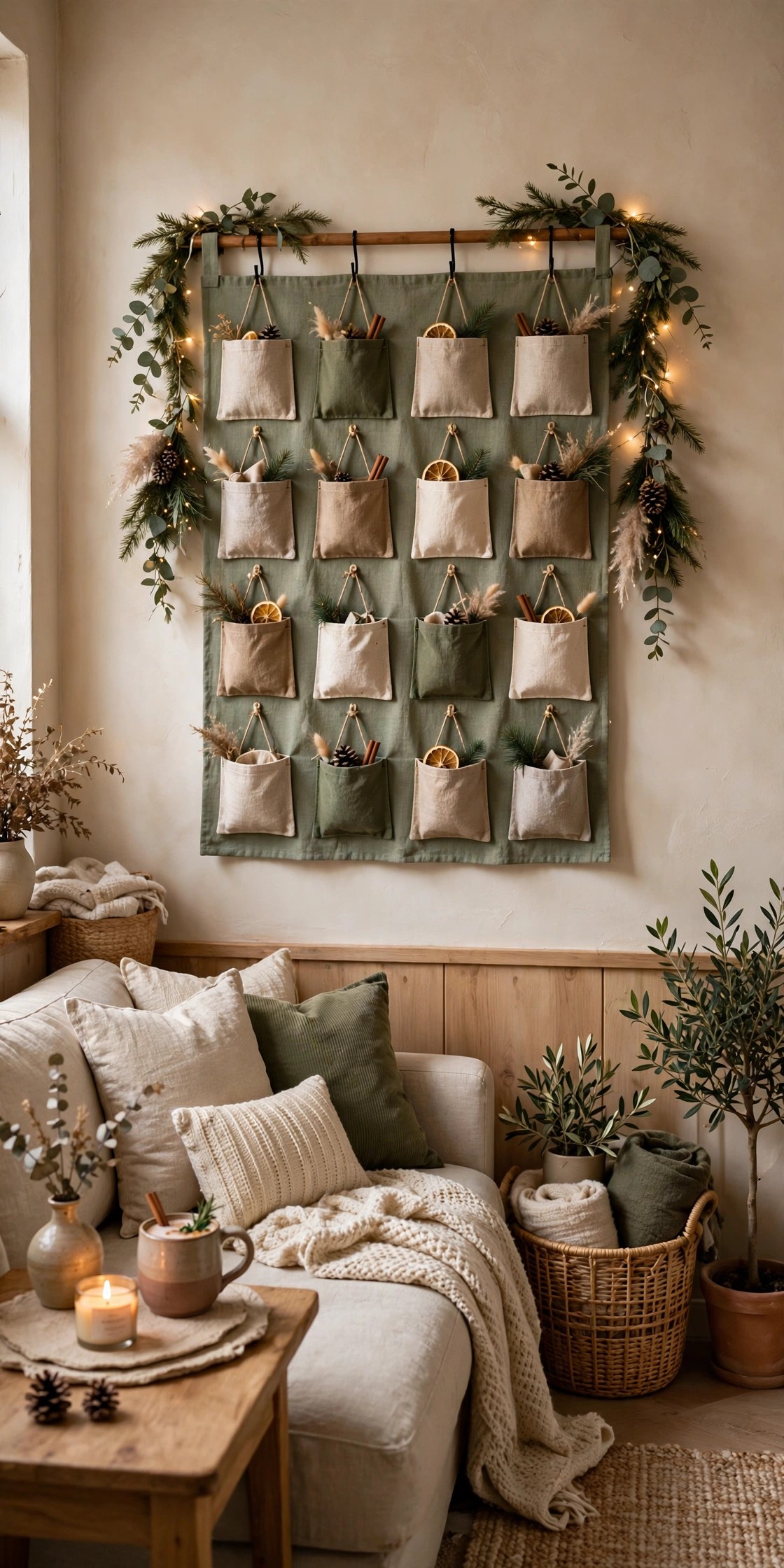 Advent calendar displayed on small living room wall as Christmas decor