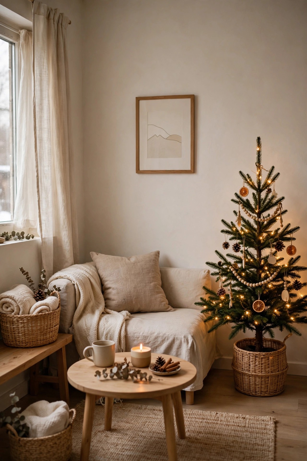 Tidy minimally decorated small living room for Christmas calm