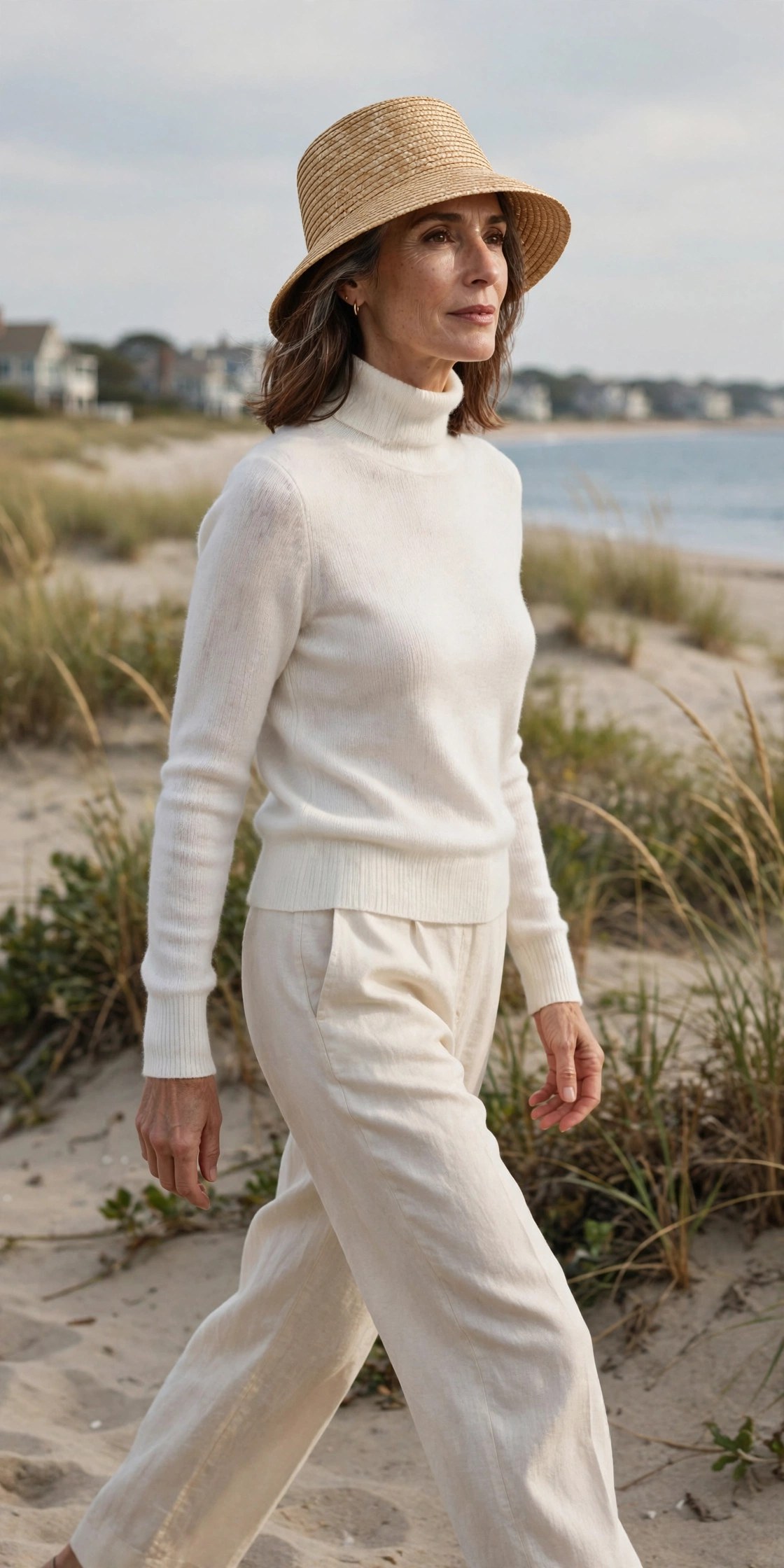 Woman in her 50s wearing a white turtleneck, cream linen pants and a straw bucket hat at the beach