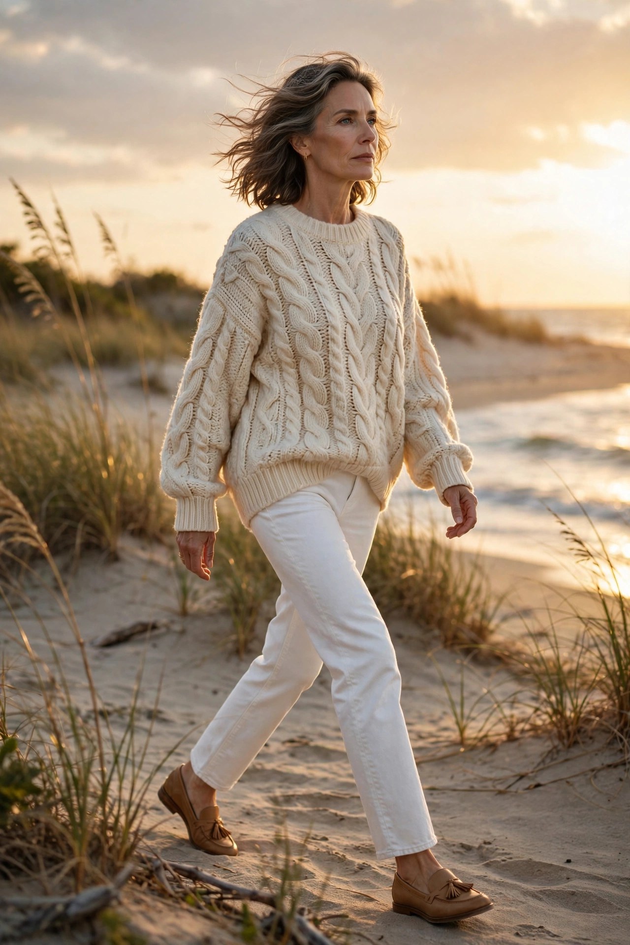 Woman in her 50s wearing an oversized cream knit sweater, white jeans and loafers on a beach walk