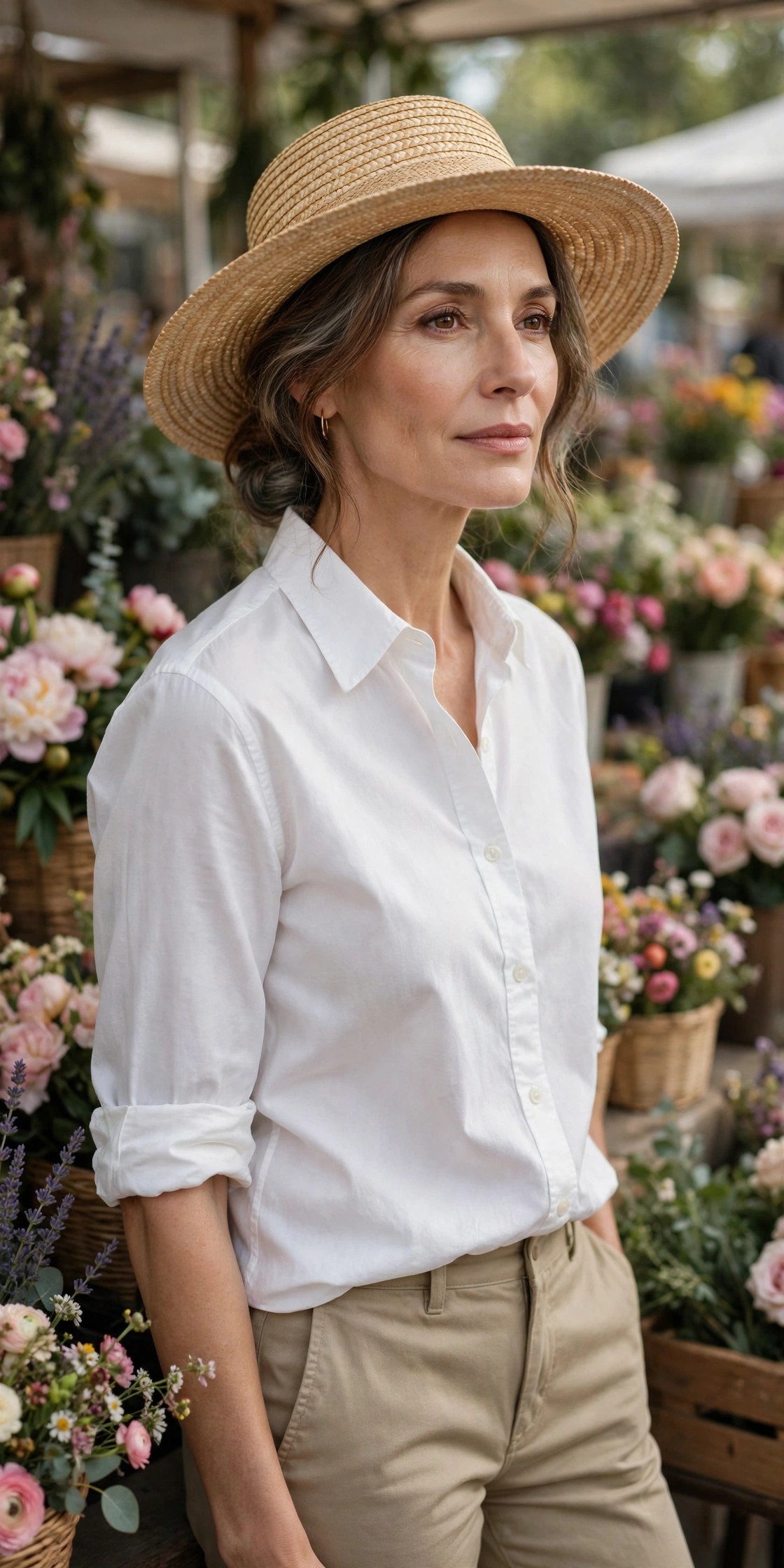 Woman in her 50s wearing a white button-down shirt, khaki pants and a straw hat at a farmers market