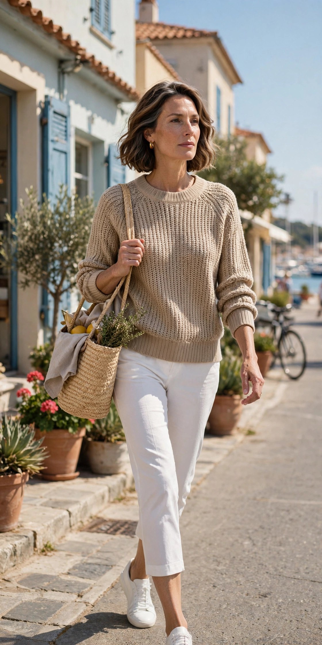 Woman in her 50s wearing a beige knit sweater, white capri pants and white sneakers