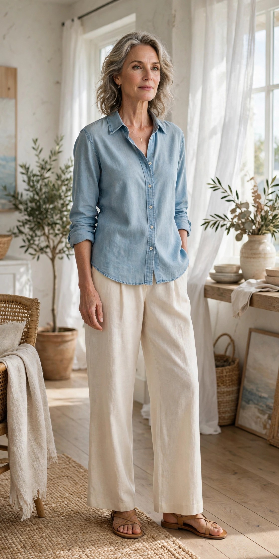 Woman in her 50s wearing a chambray shirt and cream wide-leg pants
