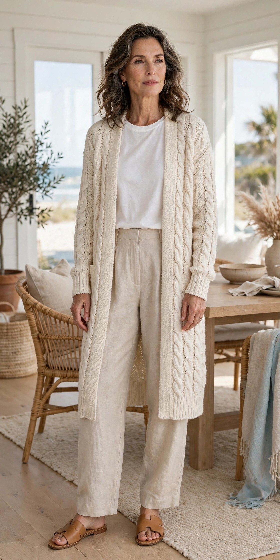 Woman in her 50s wearing a long cream cardigan, white tee and natural linen pants