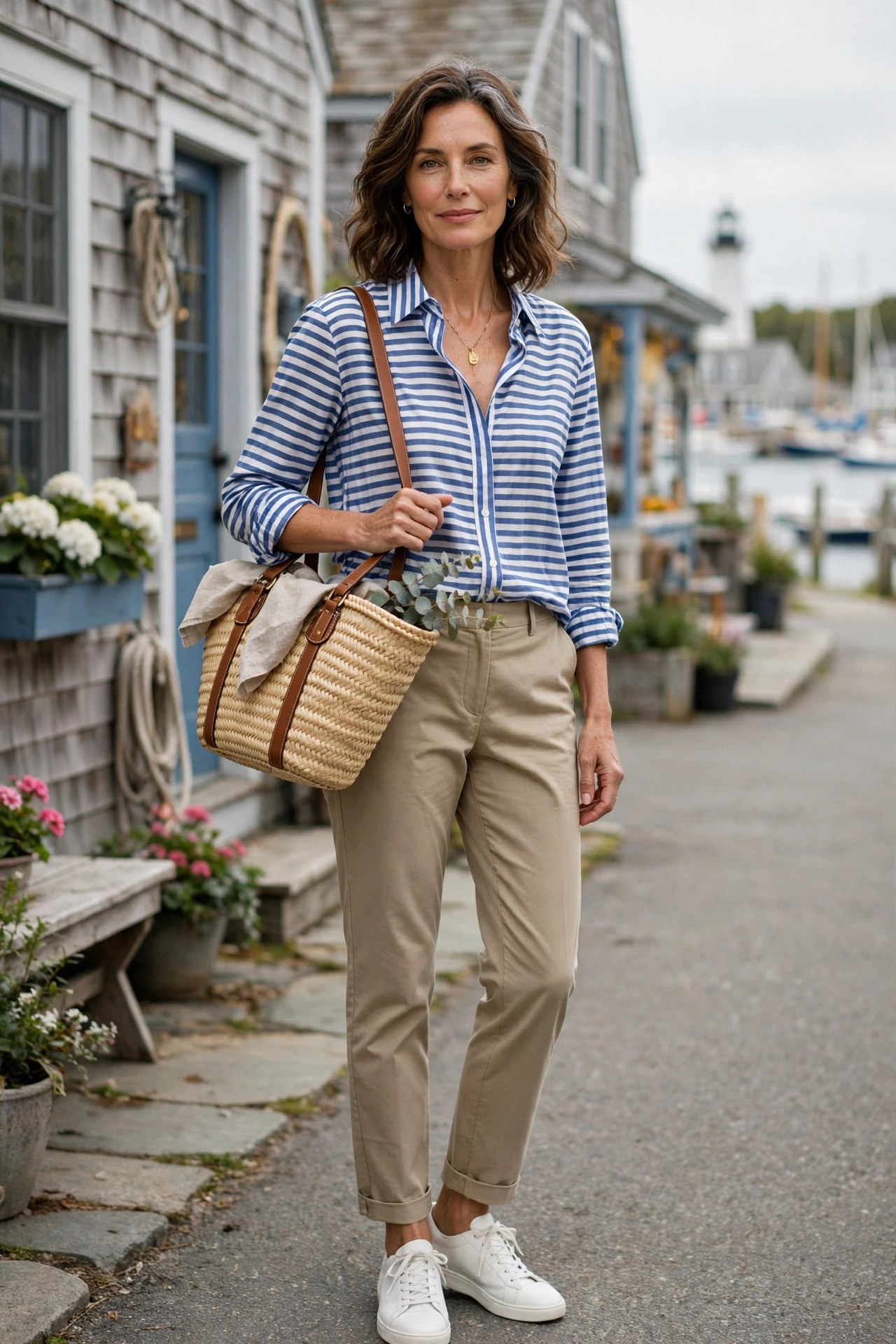 Woman in her 50s wearing a blue and white striped shirt, khaki pants and carrying a straw tote