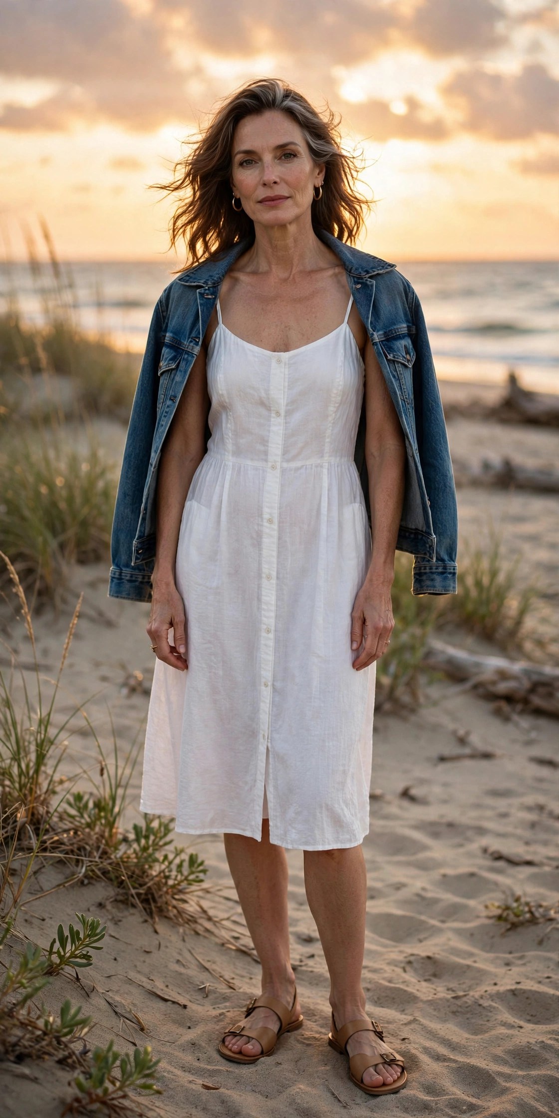 Woman in her 50s wearing a white sundress with a denim jacket draped over her shoulders at the beach