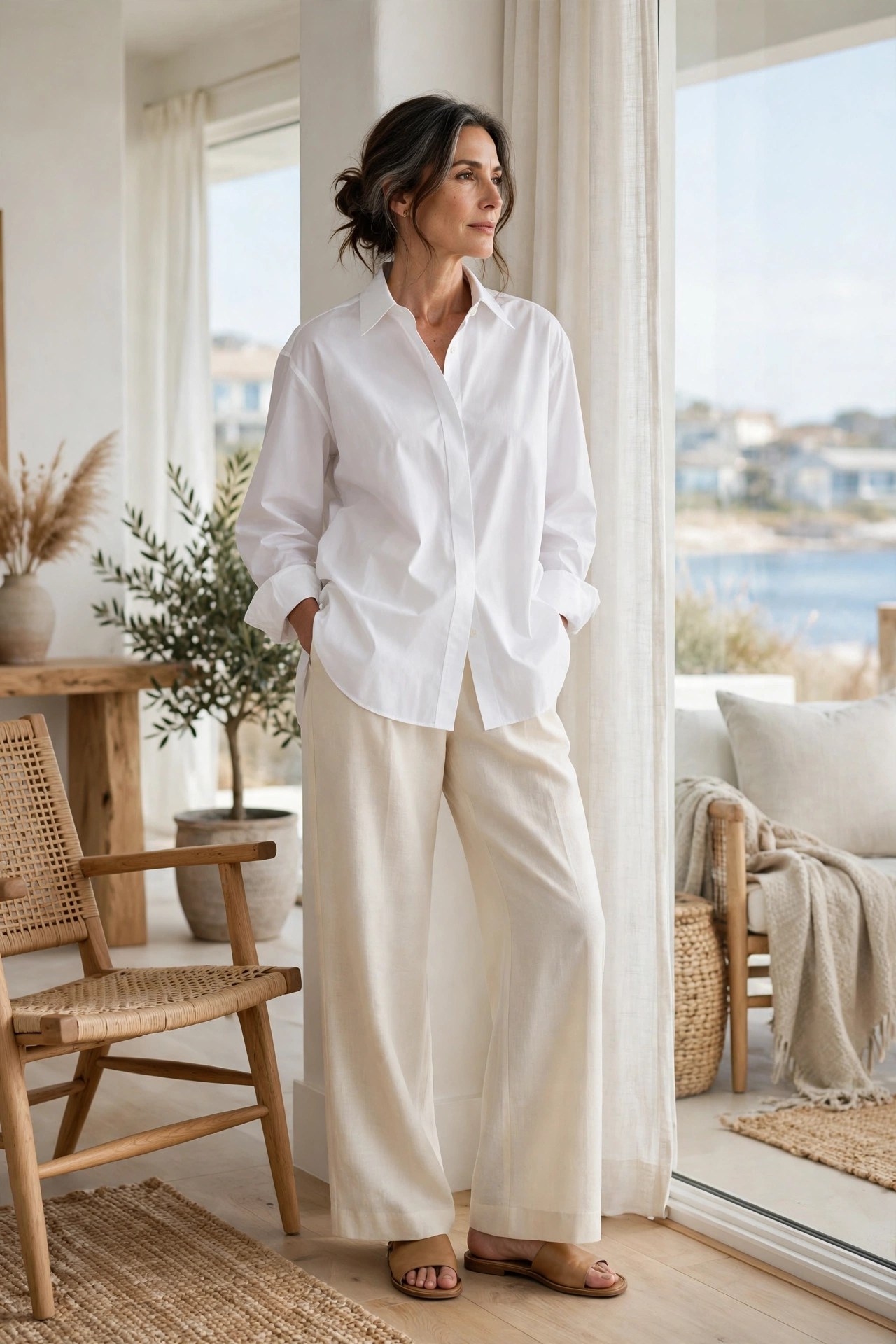 Woman in her 50s wearing an oversized white poplin shirt, cream wide-leg pants and slides