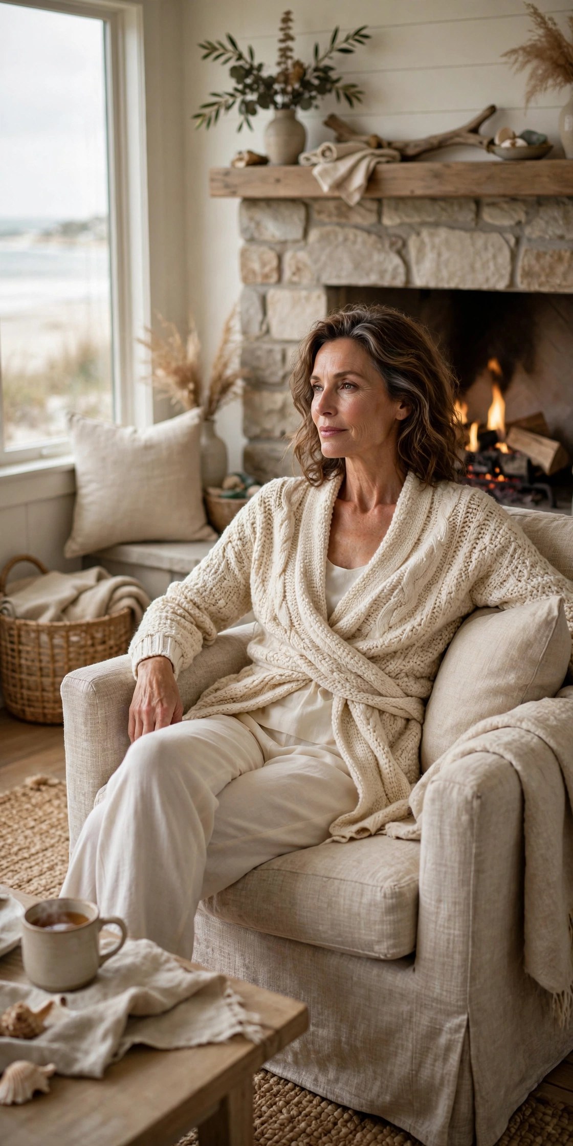 Woman in her 50s wearing a cream knit wrap over an ivory lounge set by a fireplace