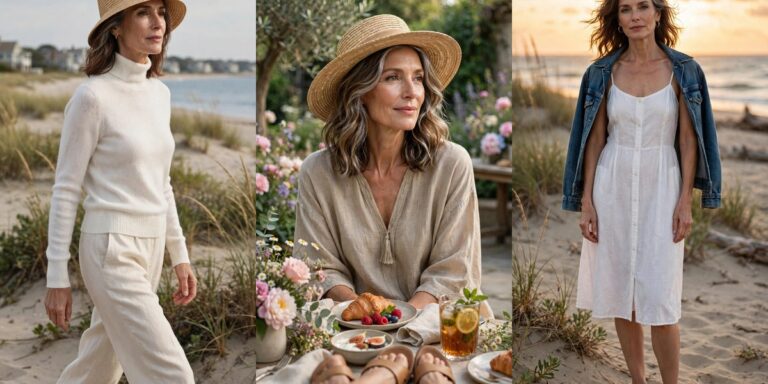 Something's Gotta Give outfits — 19 cozy coastal looks collage