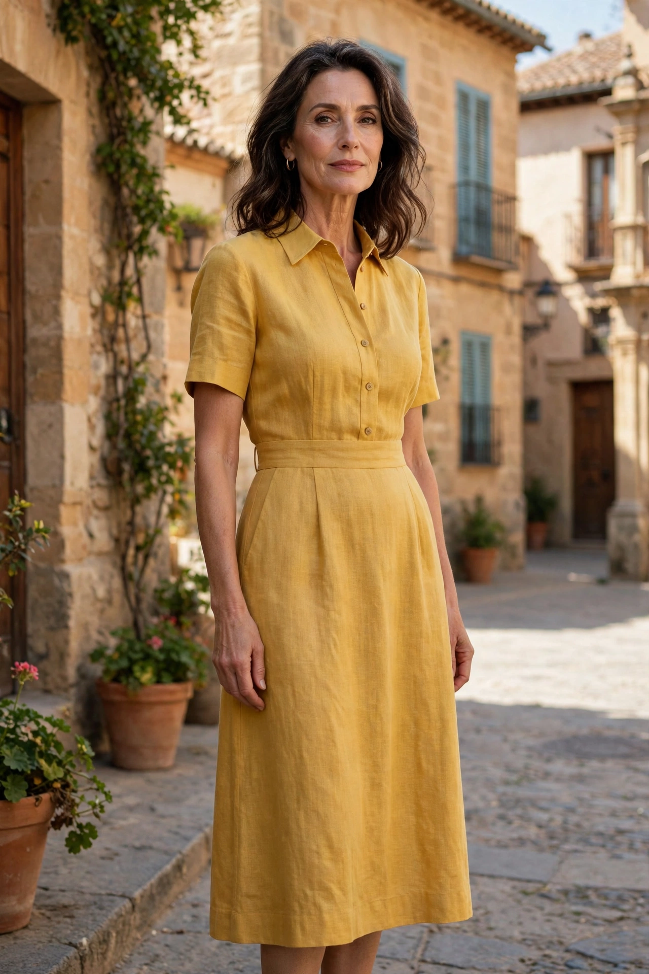 Elegant woman over 50 wearing Spanish style outfit idea 1