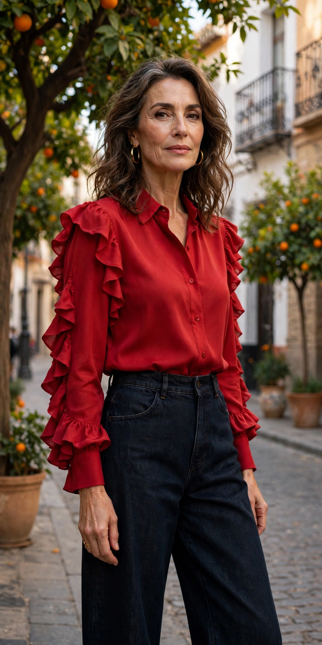 Elegant woman over 50 wearing Spanish style outfit idea 5