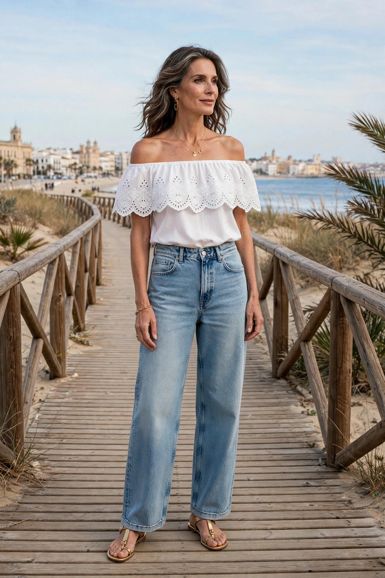 Elegant woman over 50 wearing Spanish style outfit idea 17