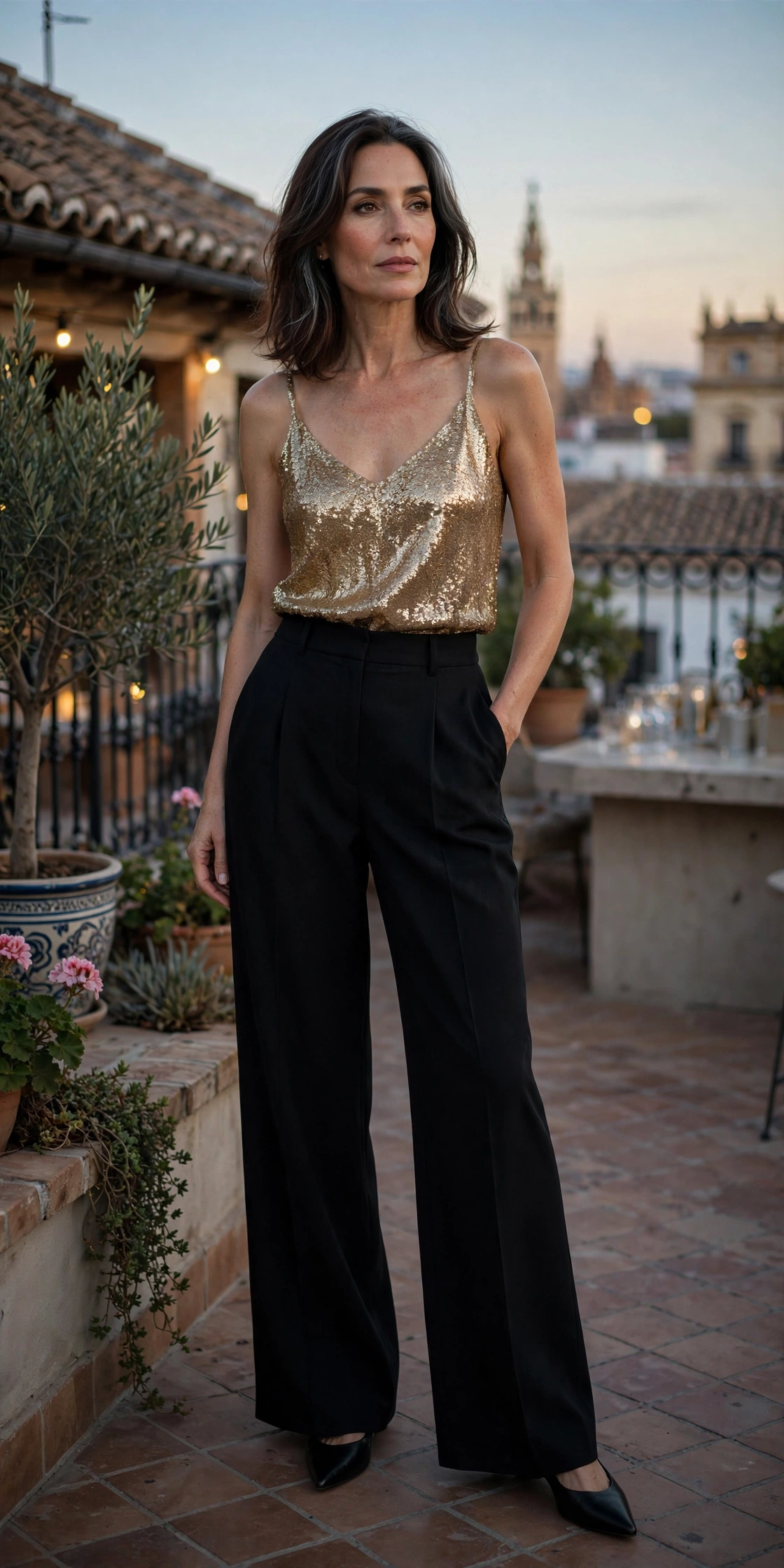 Elegant woman over 50 wearing Spanish style outfit idea 19