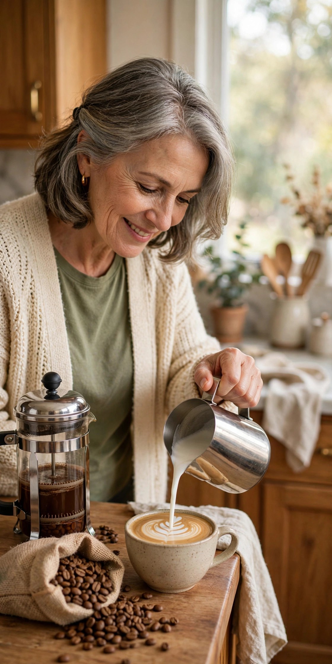 Woman in her 60s pouring latte art into a cup in a cozy home kitchen