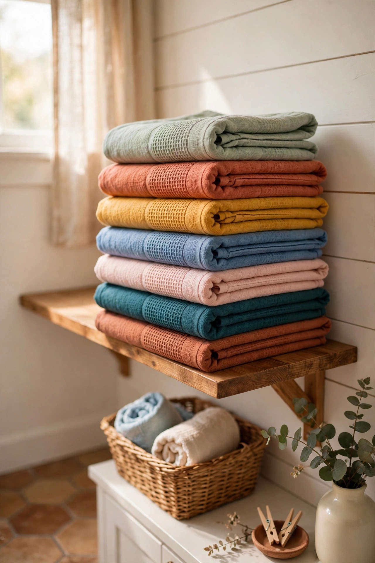 Neatly folded colorful reusable cloth towels stacked in a bright laundry room