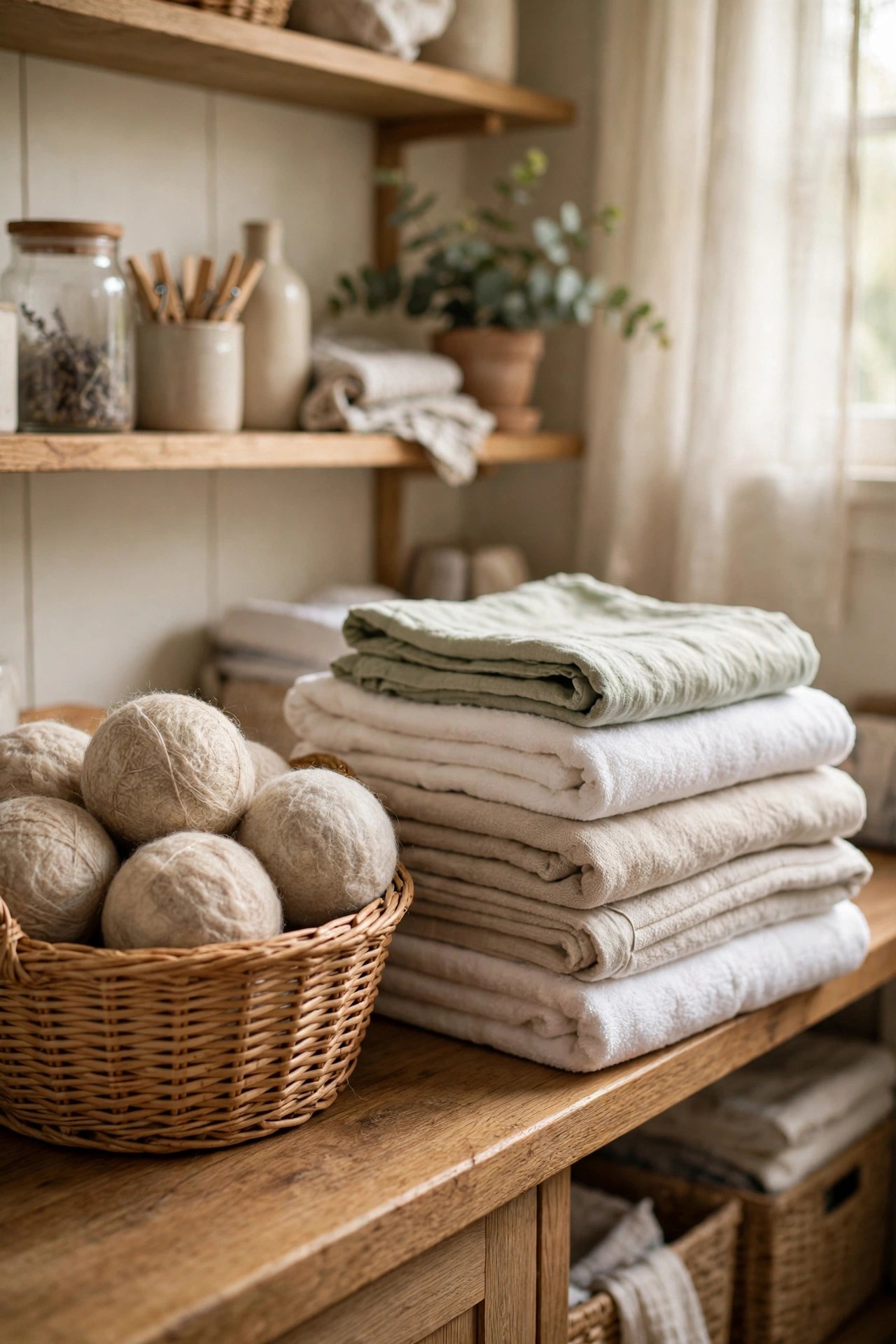 Natural wool dryer balls in a basket beside fresh warm laundry