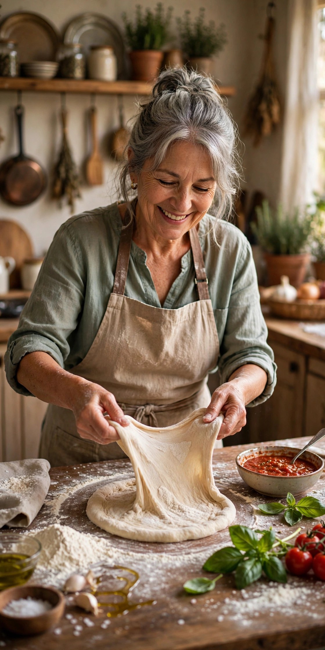 Woman in her 60s stretching homemade pizza dough on a floured wooden counter